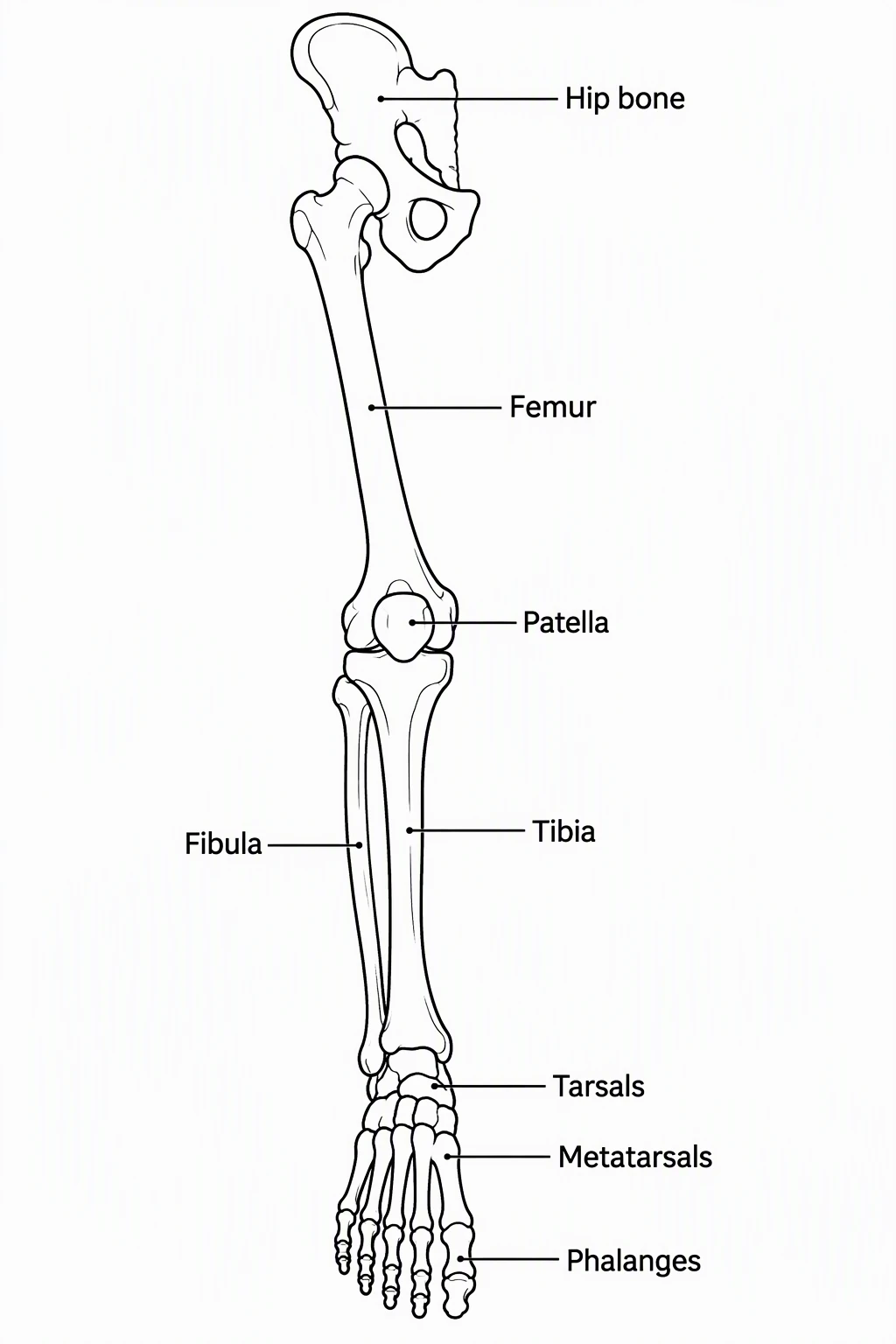 Black-and-white outline leg bones coloring page labeled Hip bone, Femur, Patella, Fibula, Tibia, Tarsals, Metatarsals, and Phalanges