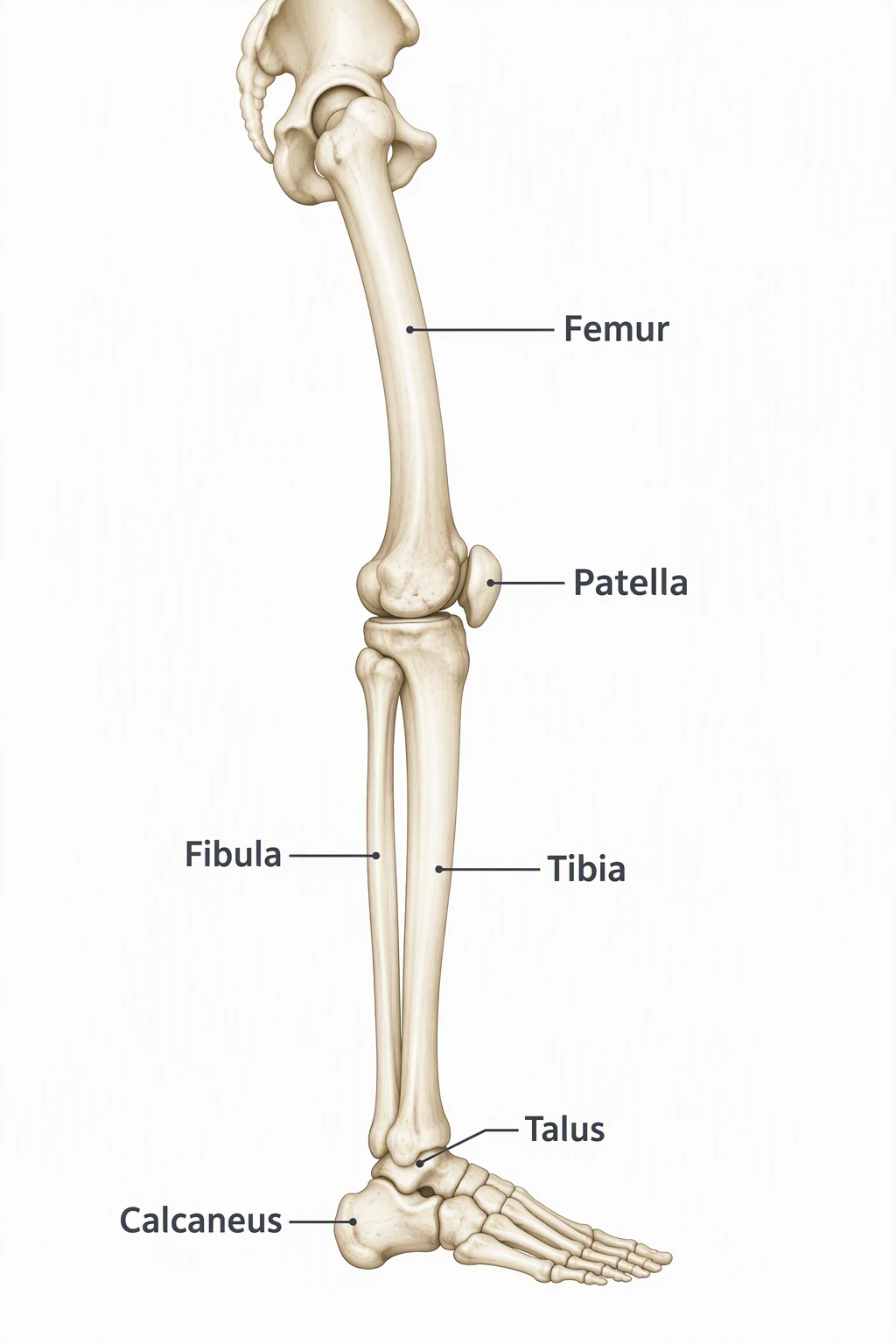 Lateral lower limb labeled Femur, Patella, Fibula, Tibia, Talus, and Calcaneus