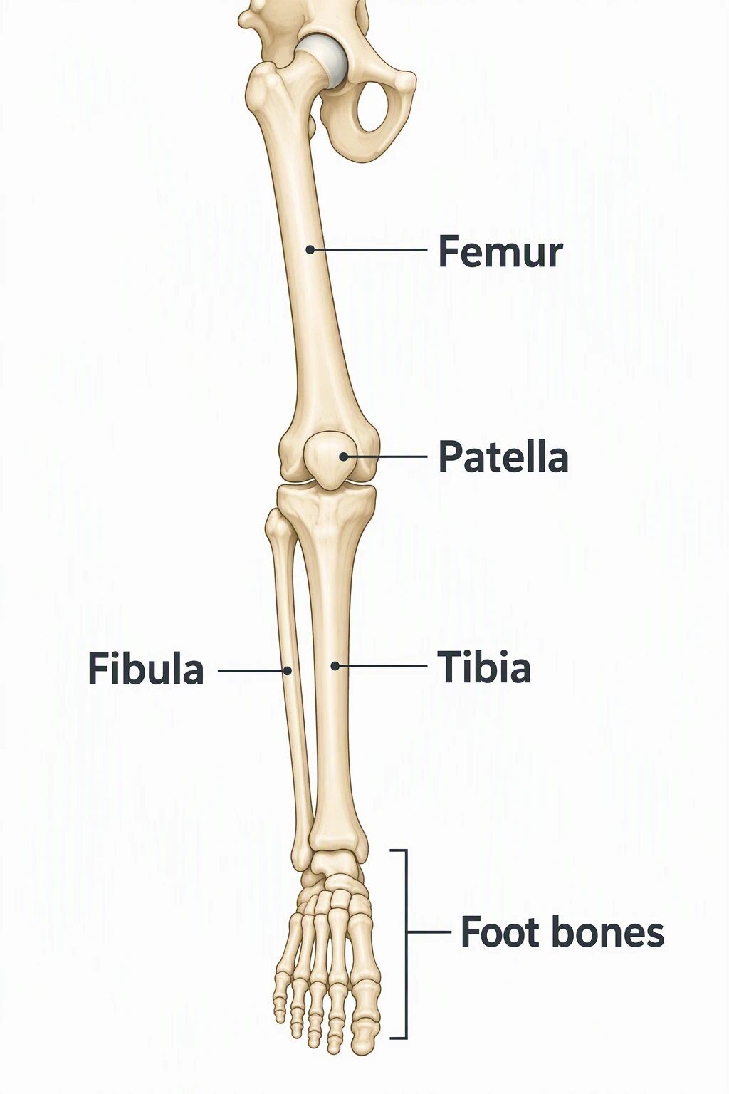 Simple leg bones diagram labeled Femur, Patella, Fibula, Tibia, and Foot bones