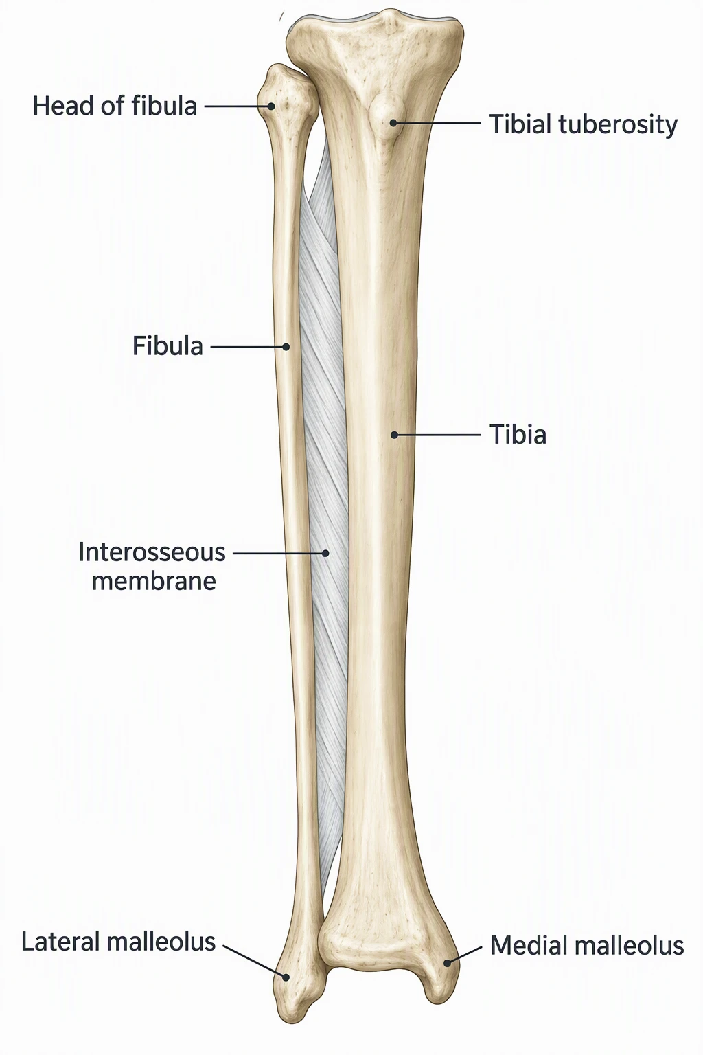 Anterior tibia and fibula labeled Head of fibula, Tibial tuberosity, Fibula, Tibia, Interosseous membrane, Lateral malleolus, and Medial malleolus