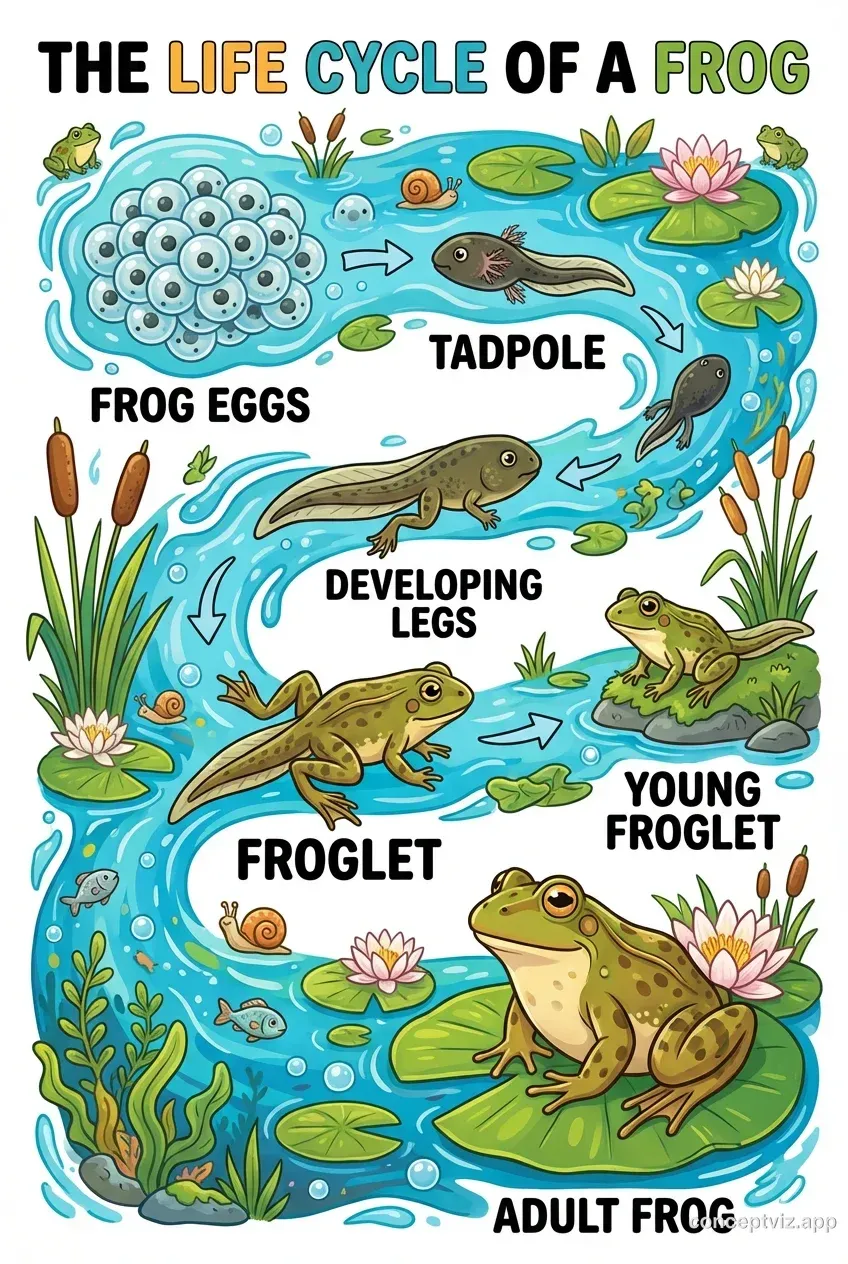Colorful frog life cycle poster showing complete amphibian metamorphosis from eggs to tadpole to froglet to adult frog. Vibrant colors suitable for classroom display.
