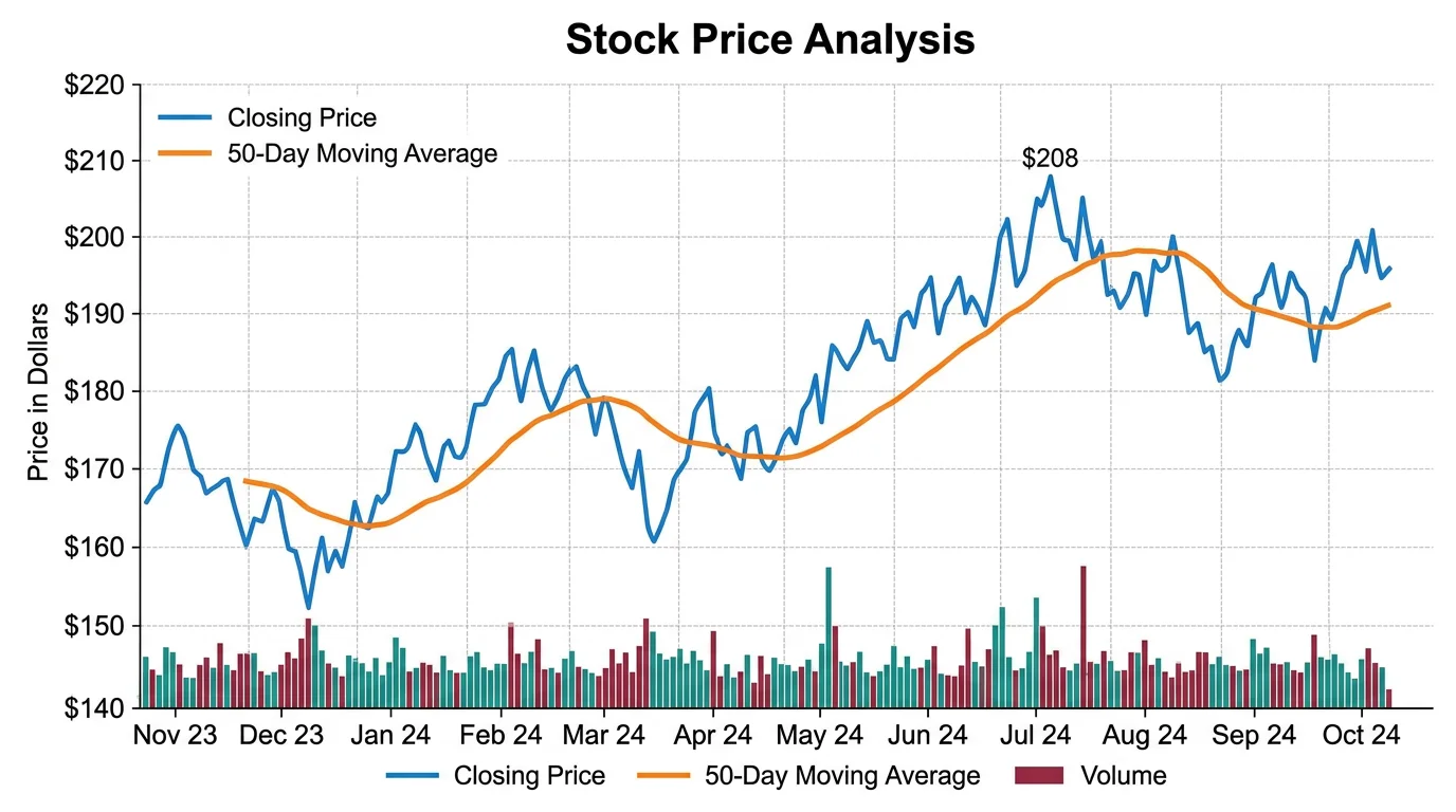 Financial line chart showing stock price movement over one year with volume bars and moving average overlay.