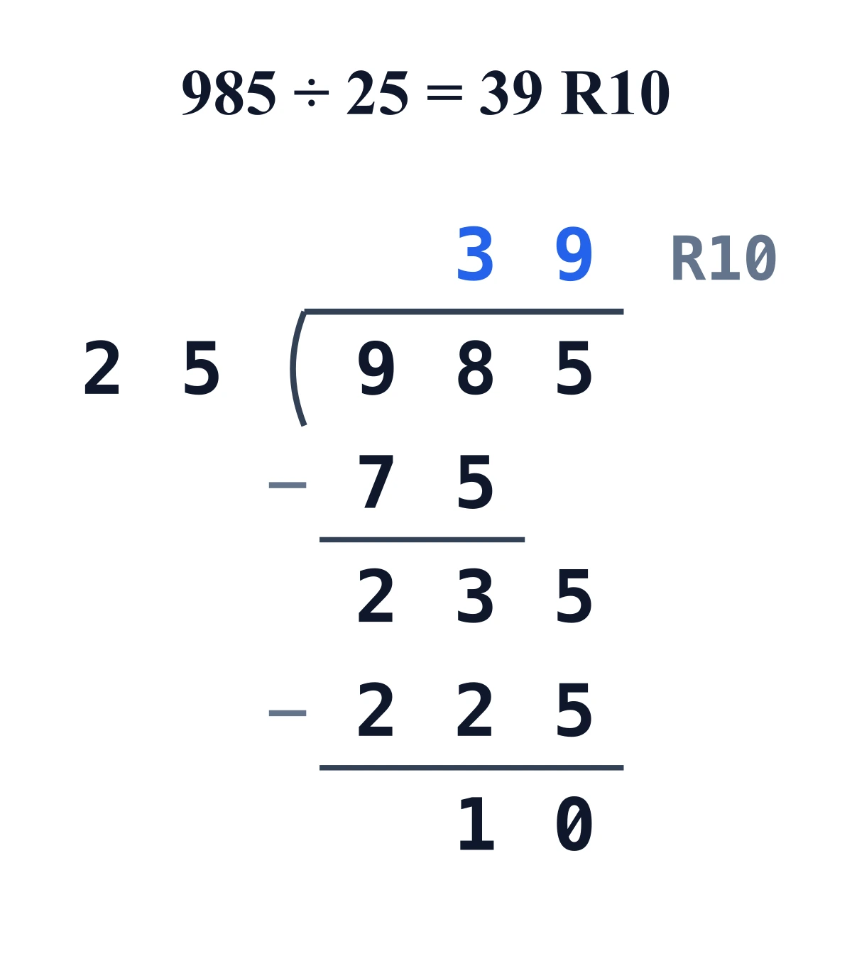 Long division dividing by a two-digit divisor in the bracket layout