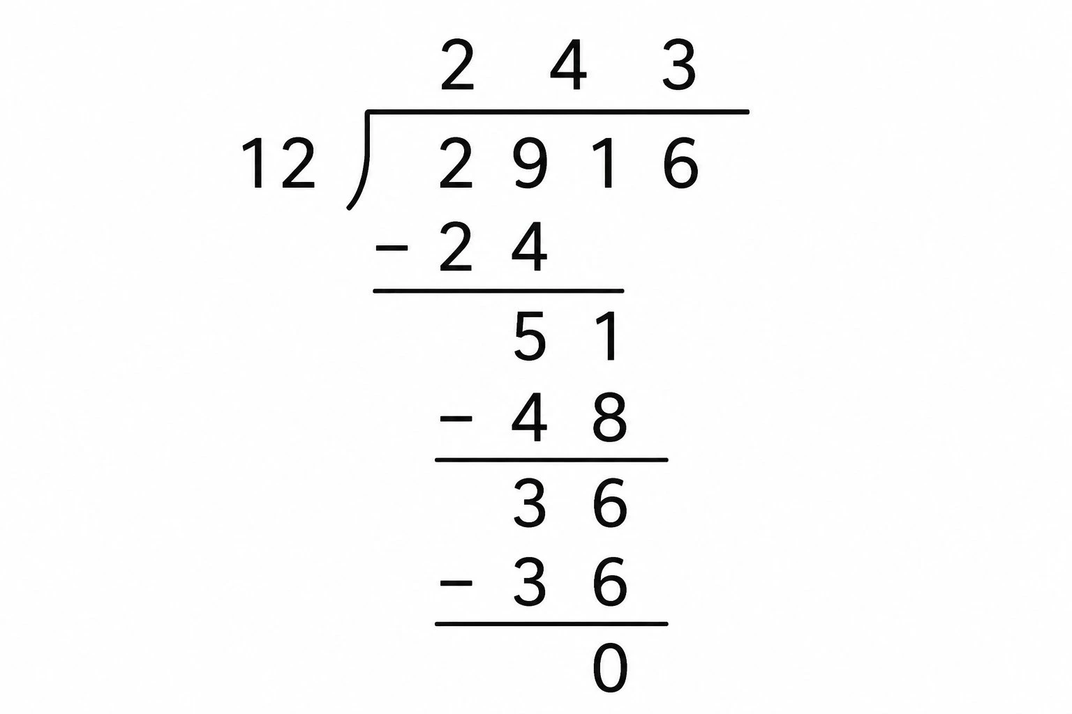 Long division that divides evenly with a final difference of zero