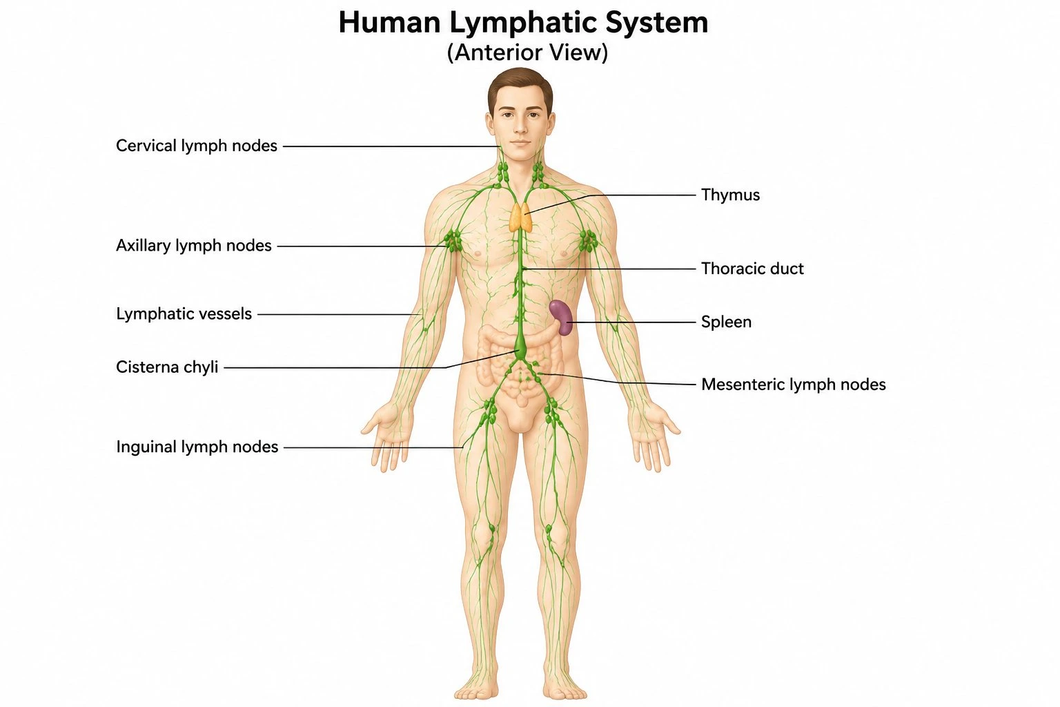 Labeled full-body lymphatic system diagram showing lymph nodes, lymphatic vessels, spleen, thymus, and thoracic duct in anterior view