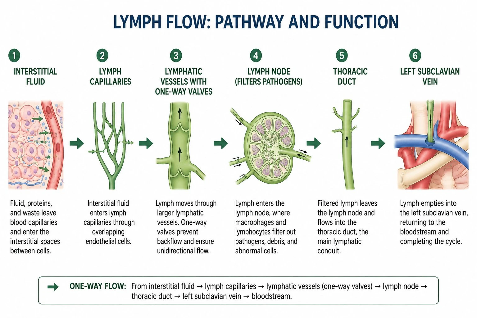 Annotated pathway diagram showing how lymph fluid flows from tissue capillaries through lymph nodes and the thoracic duct back to the subclavian vein