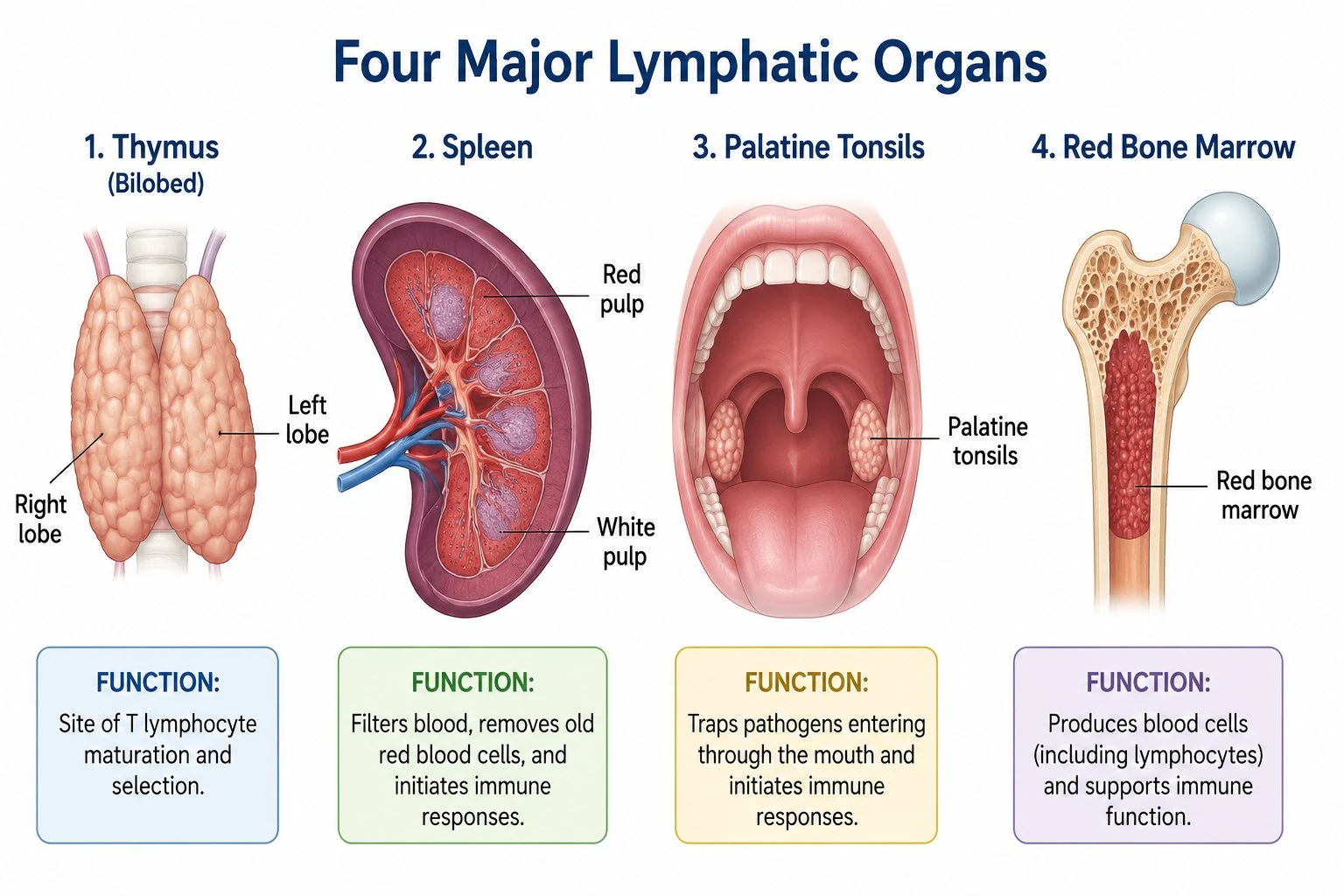 Labeled diagram of the primary and secondary lymphatic organs including the thymus, spleen, tonsils, and bone marrow with function callouts