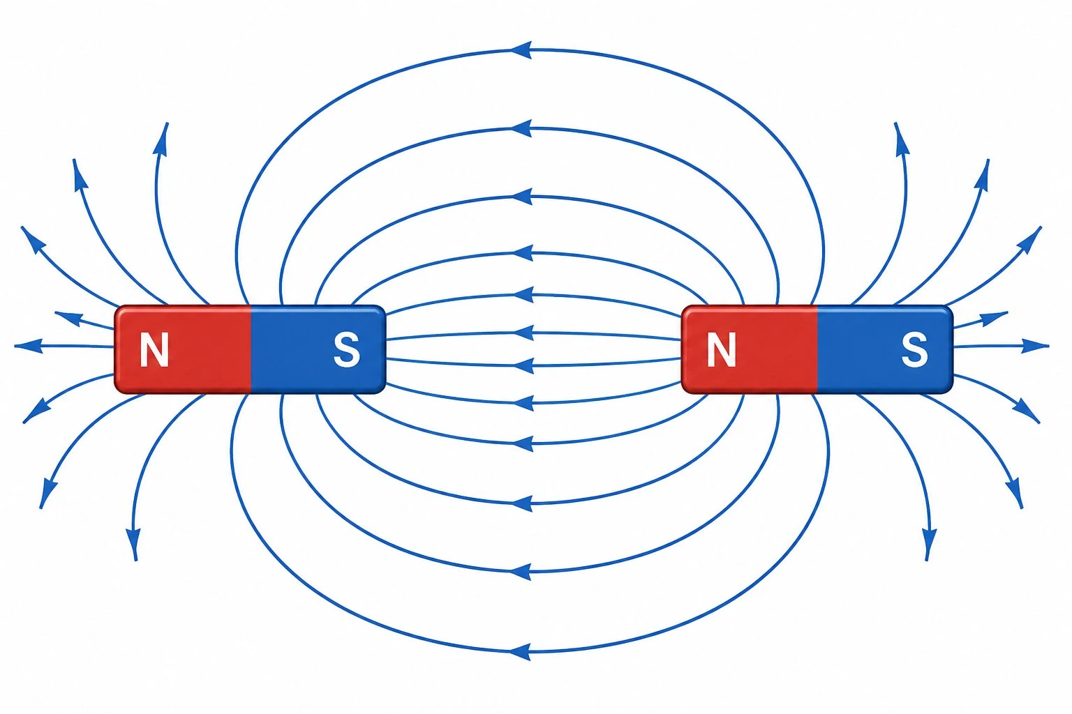 Magnetic field diagram of two magnets with unlike poles facing each other showing field lines curving from one north pole into the opposite south pole