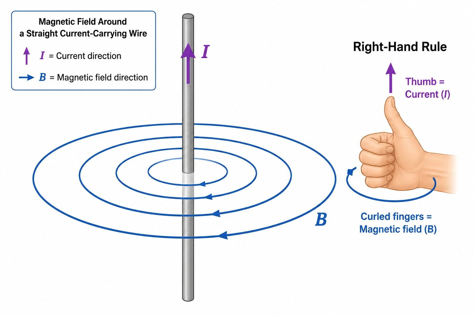 Magnetic field diagram of a straight current-carrying wire with concentric circular field lines around it and arrows showing direction by the right-hand rule