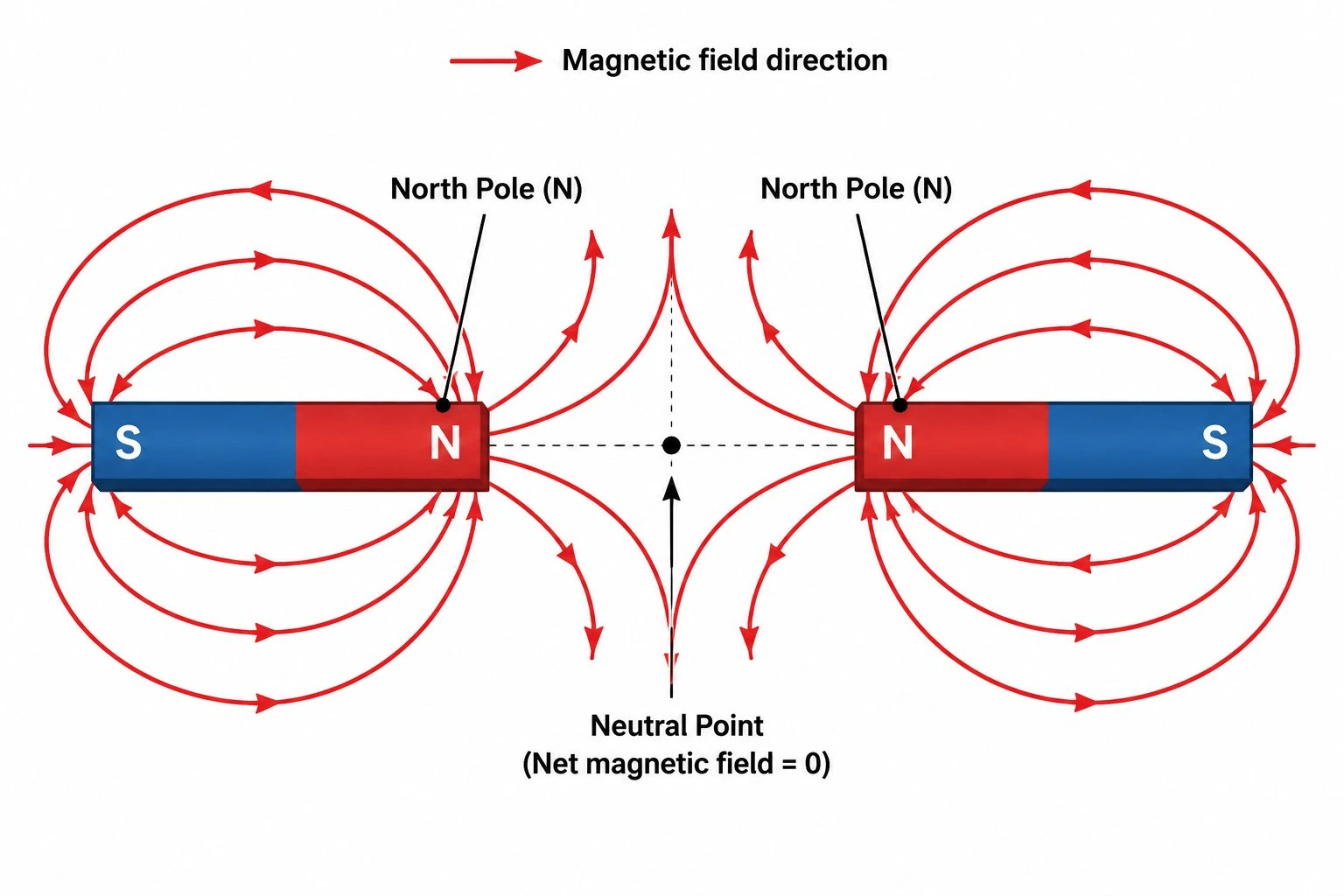 Magnetic field diagram of two magnets with like poles facing each other showing field lines repelling sideways and a neutral point between them