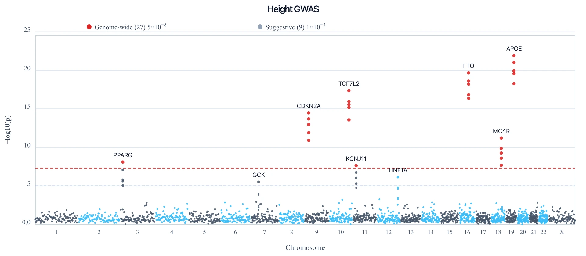 Manhattan plot of a height GWAS with alternating chromosome colors, a red 5e-8 genome-wide line, and FTO and MC4R labeled
