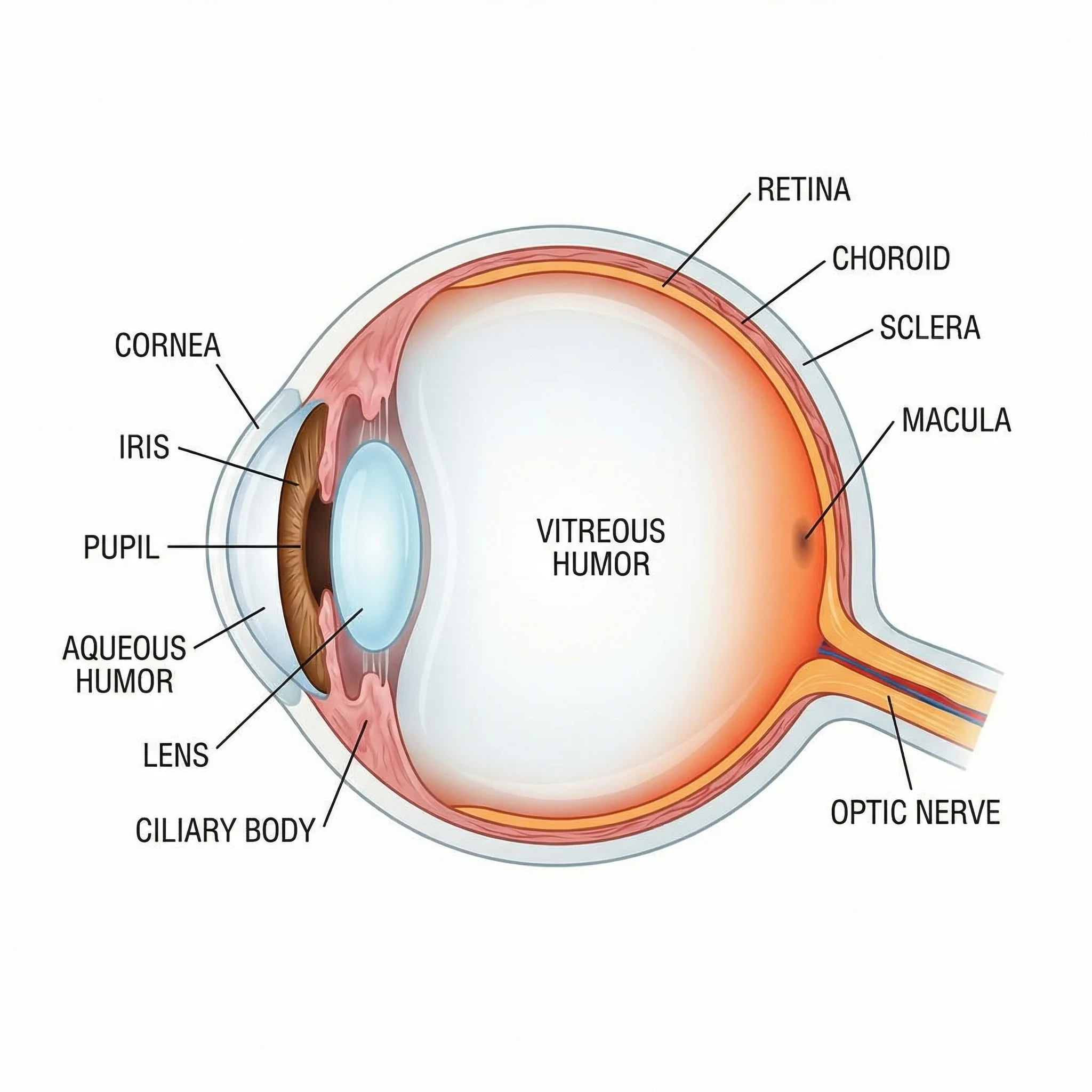 Detailed cross-section of the human eye showing all internal structures