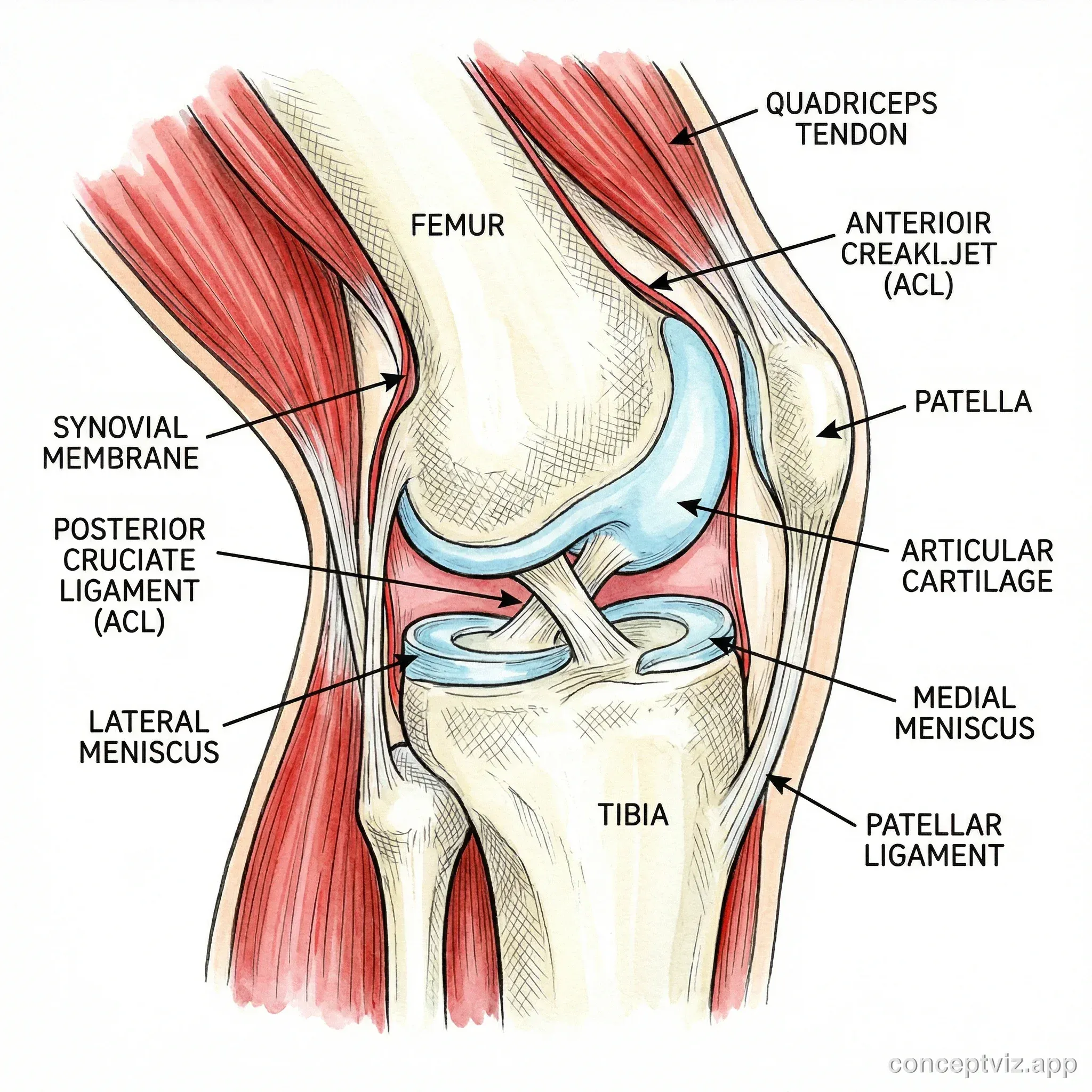 Cross-section illustration of knee joint showing bones, cartilage, and ligaments