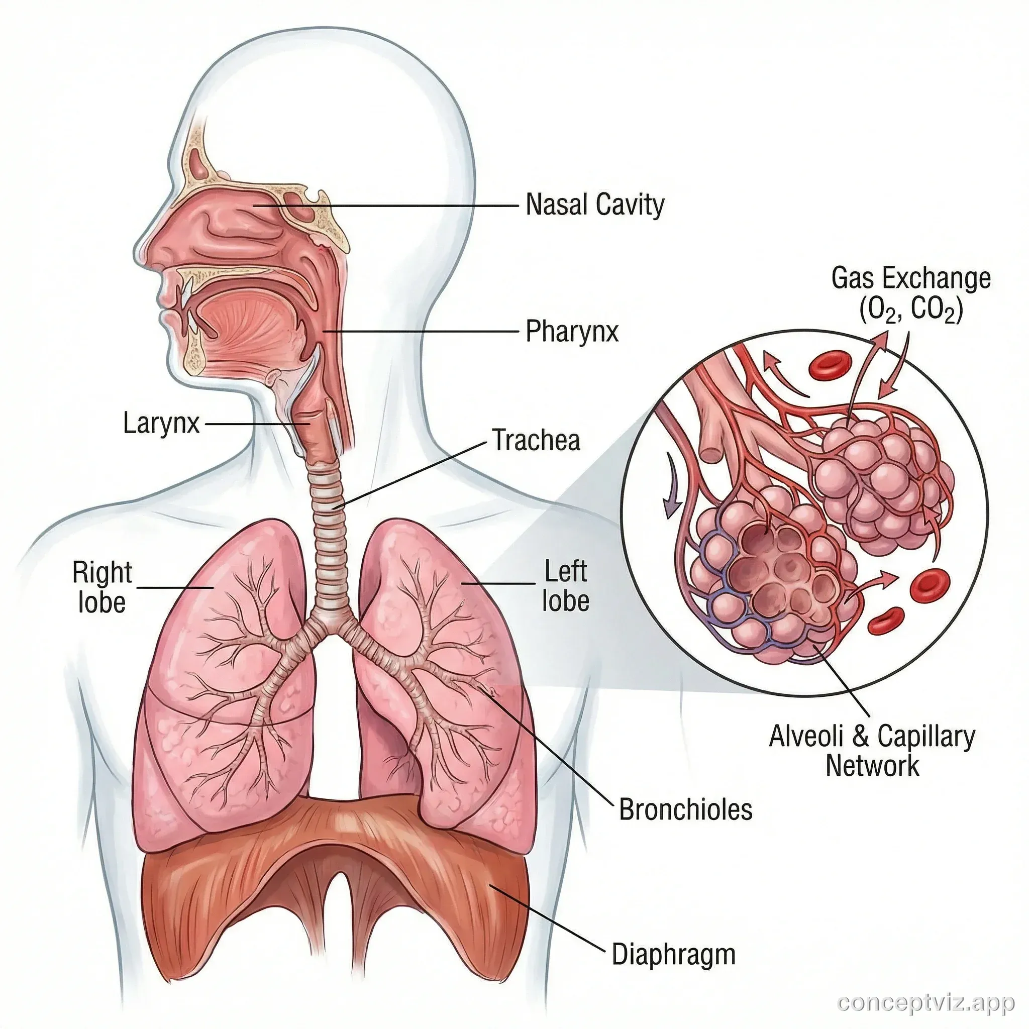Human respiratory system showing lungs, airways, and gas exchange