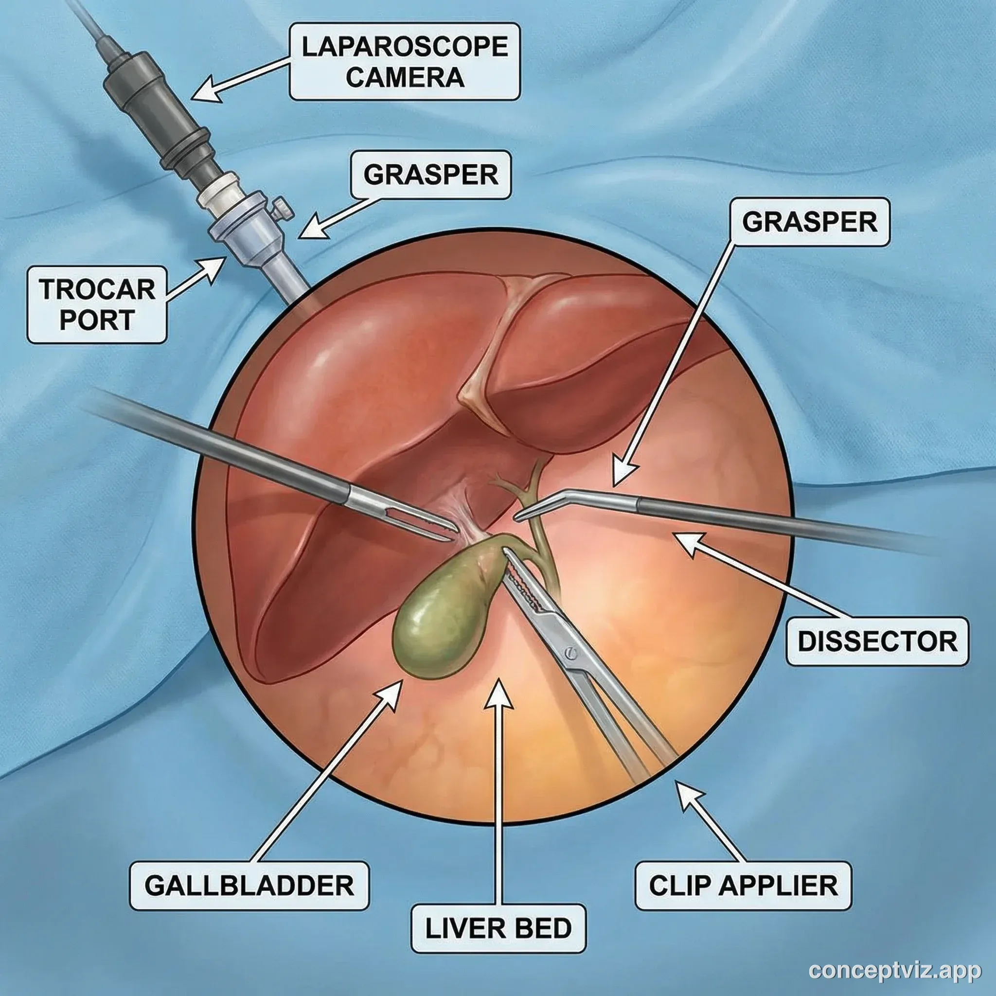 Medical illustration showing laparoscopic surgical technique