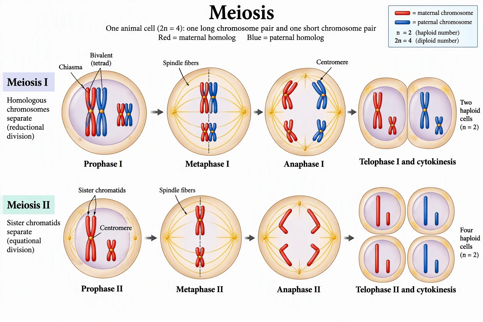 Complete labeled meiosis diagram showing every stage of Meiosis I and Meiosis II, from Prophase I with crossing over through to four haploid daughter cells