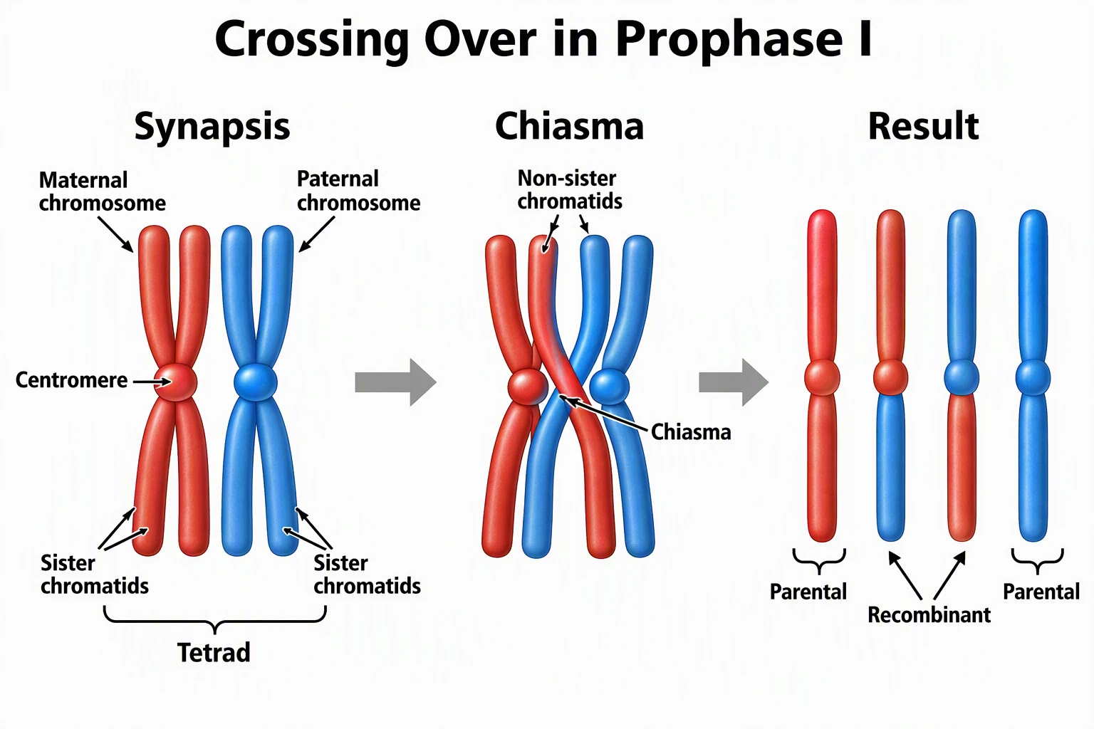 Diagram of crossing over during Prophase I showing homologous chromosomes forming a tetrad, chiasma formation, and recombinant chromatids