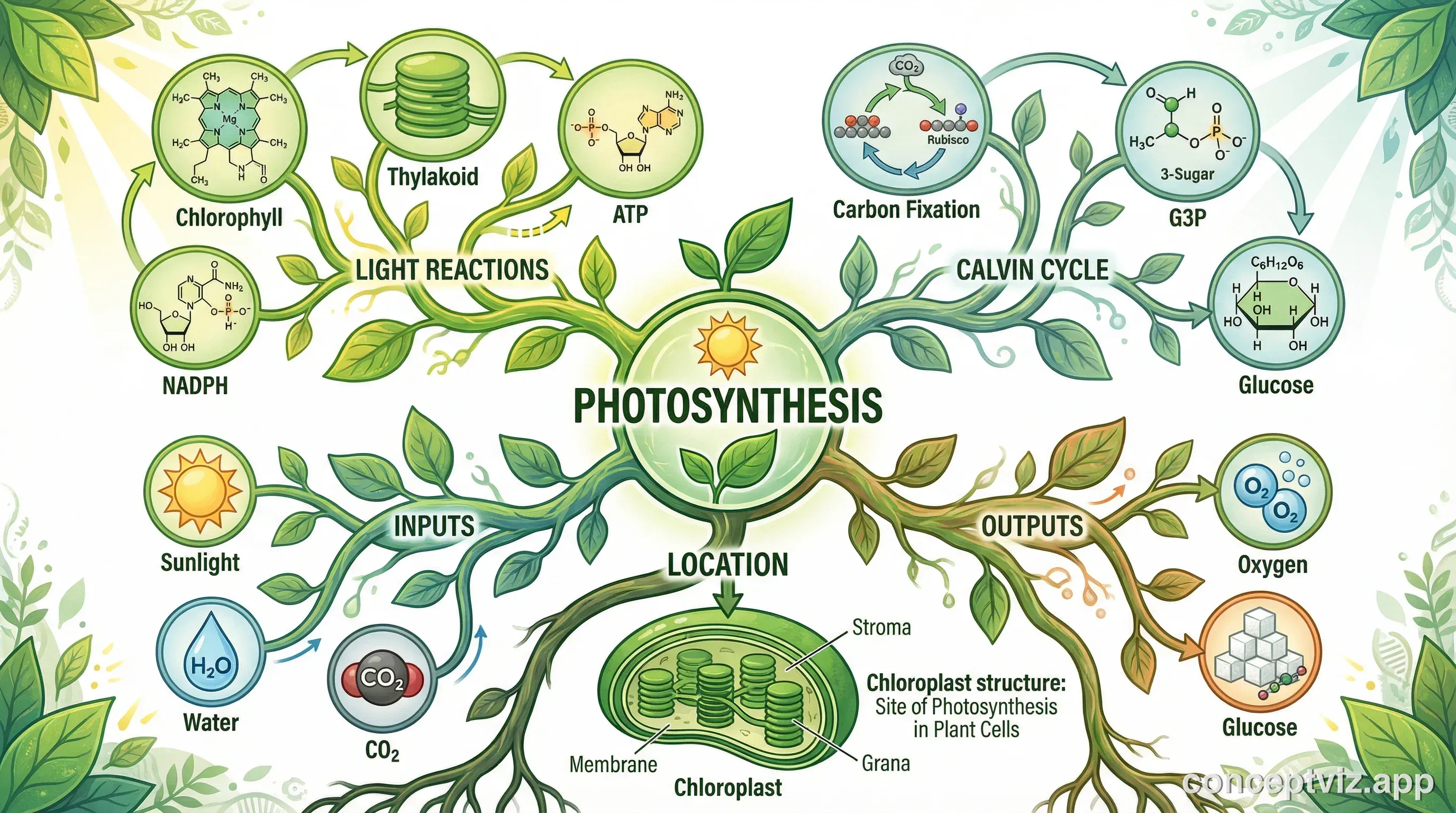 Biology concept map explaining photosynthesis process and components.