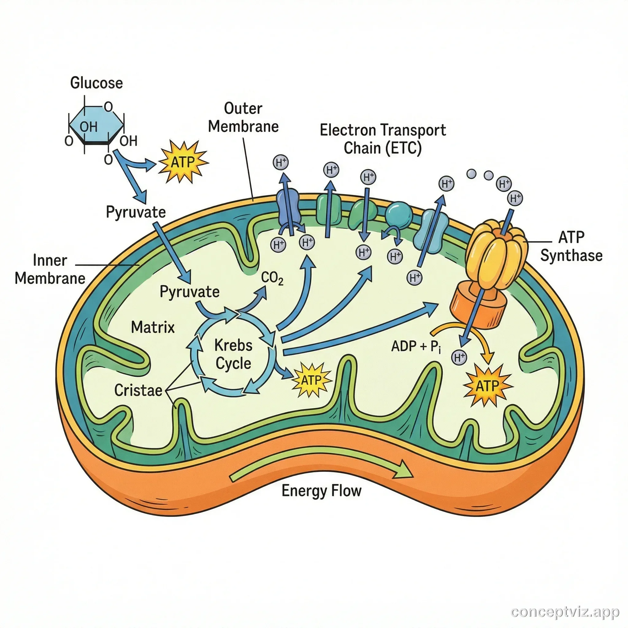 Educational diagram showing ATP production in mitochondria. Illustrates the complete process from glucose breakdown through Krebs cycle in matrix to electron transport chain on cristae. ATP synthase produces ATP molecules shown as glowing energy units. Colorful arrows indicate energy flow throughout the organelle.