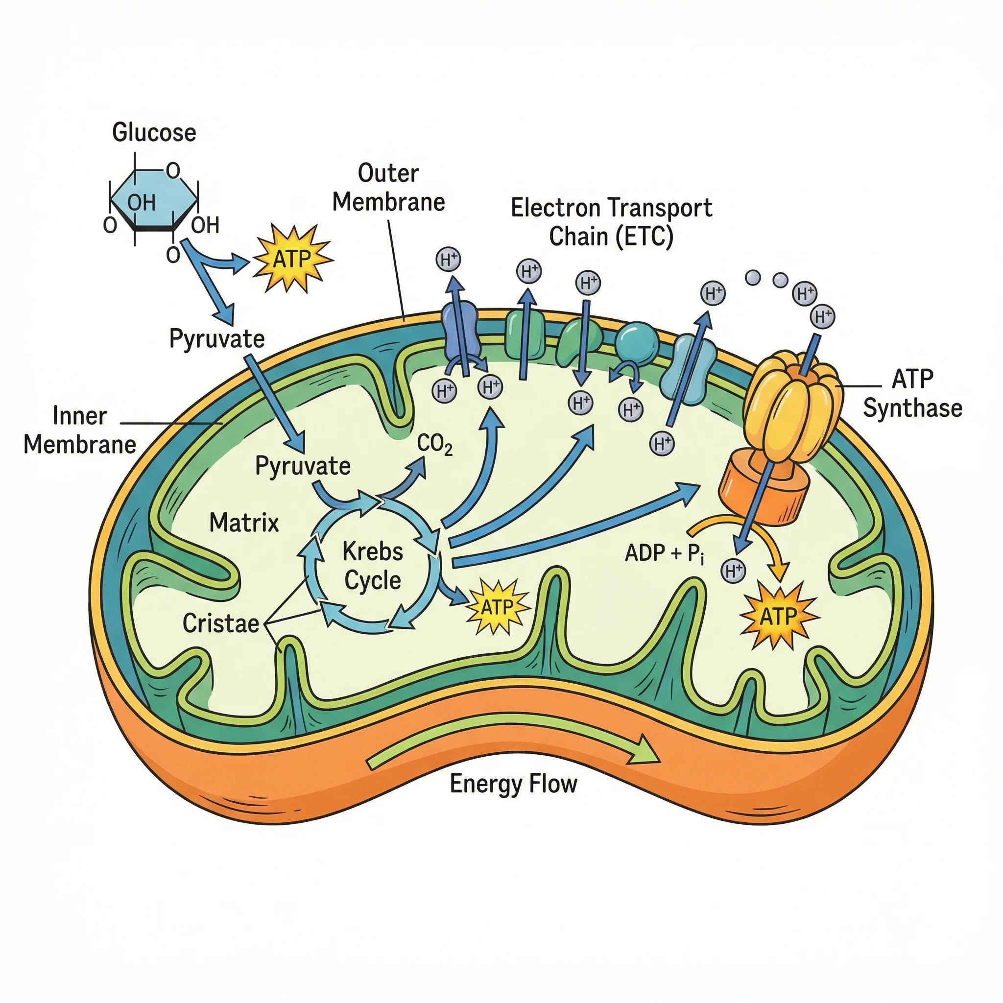 Educational diagram showing ATP production in mitochondria. Illustrates the complete process from glucose breakdown through Krebs cycle in matrix to electron transport chain on cristae. ATP synthase produces ATP molecules shown as glowing energy units. Colorful arrows indicate energy flow throughout the organelle.