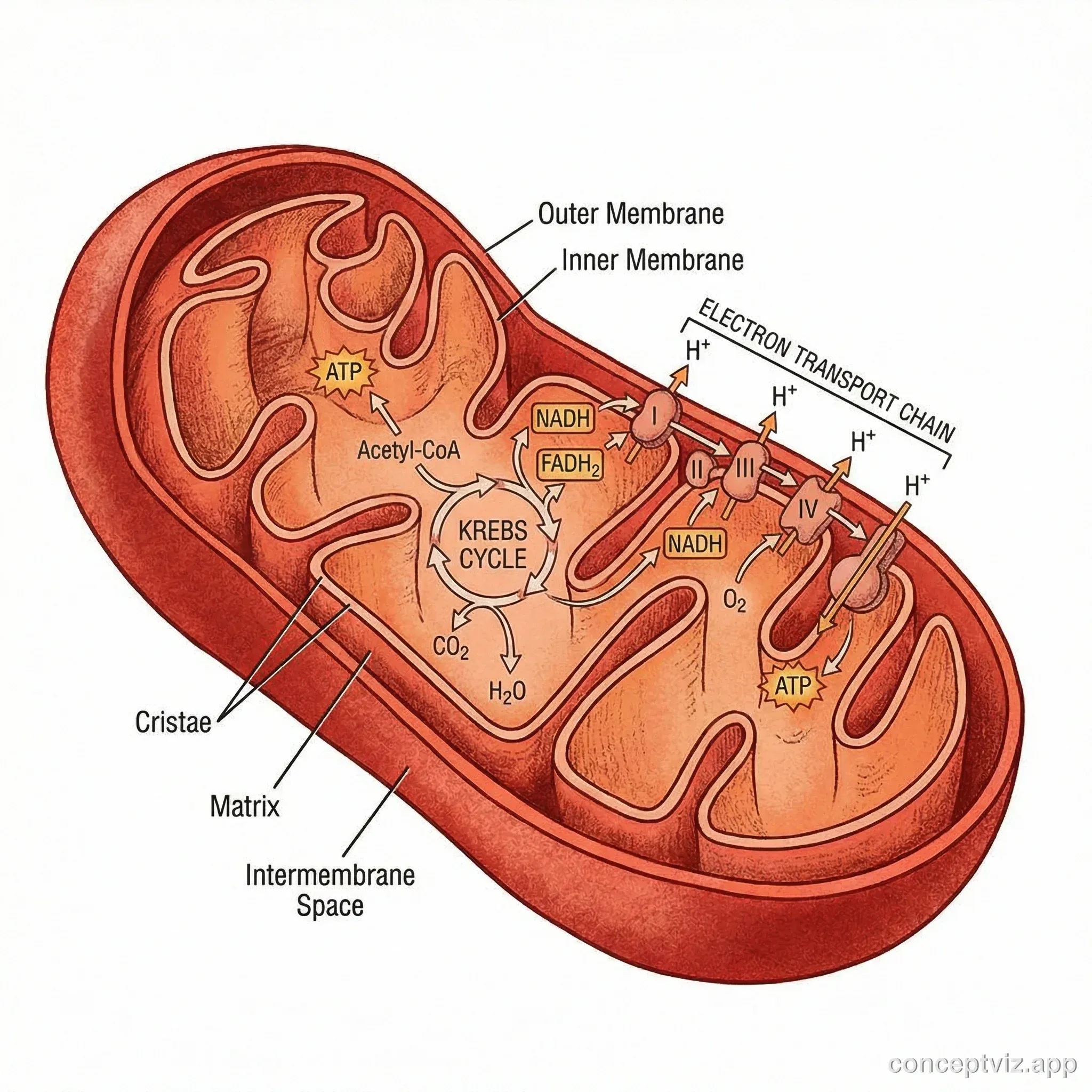 Highly detailed cross-section diagram of a mitochondrion showing the cellular respiration process. Arrows indicate electron transport chain on cristae, Krebs cycle in matrix. Labels show ATP, NADH, FADH2, O2, CO2, and H2O molecules. Scientific illustration style with red and orange color scheme.