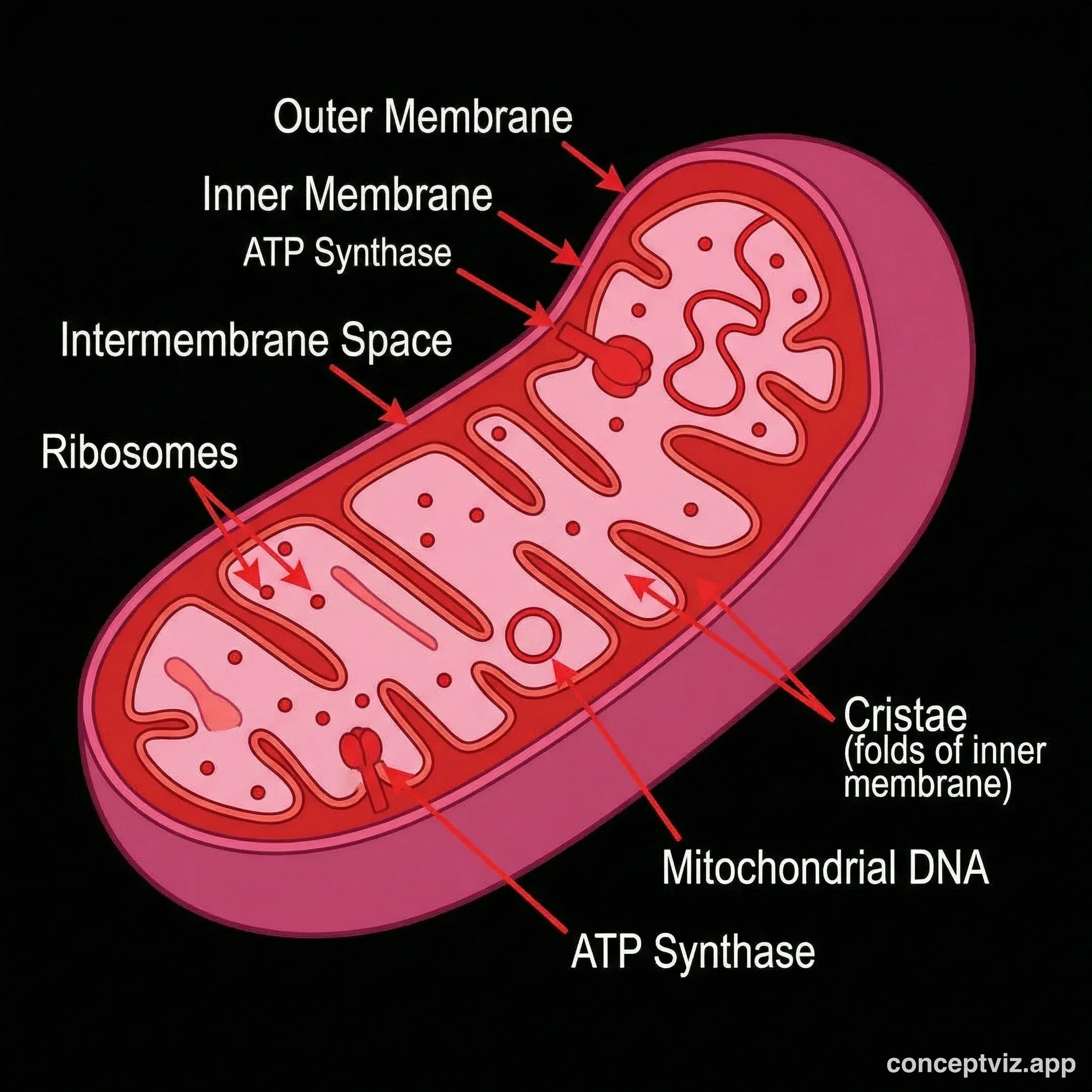 Educational diagram of a mitochondrion showing all major structures labeled. The bean-shaped organelle displays the smooth outer membrane, folded inner membrane forming cristae, matrix space, intermembrane space, ribosomes, and mitochondrial DNA. Each structure has clear callout lines with labels in sans-serif font. Pink and red color scheme on white background.