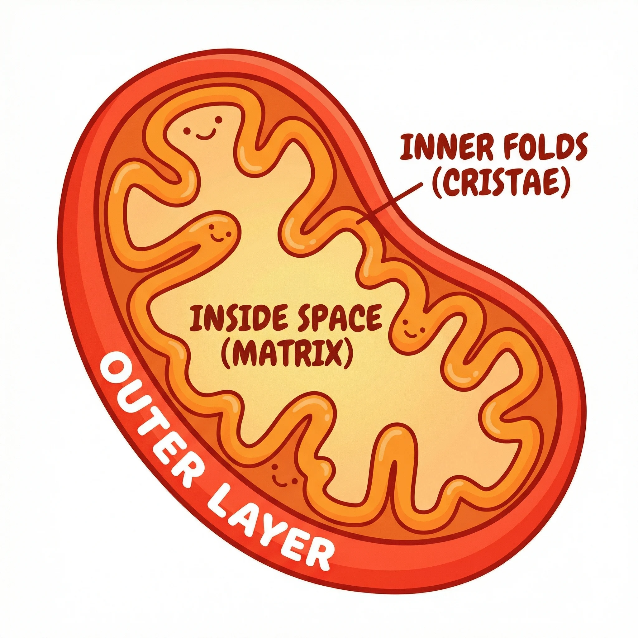 Simple cartoon-style mitochondria diagram suitable for elementary school students. Shows basic bean shape with outer layer, wavy inner folds (cristae), and inside space (matrix). Uses bright, friendly orange and red colors. Large, clear shapes designed for young learners.