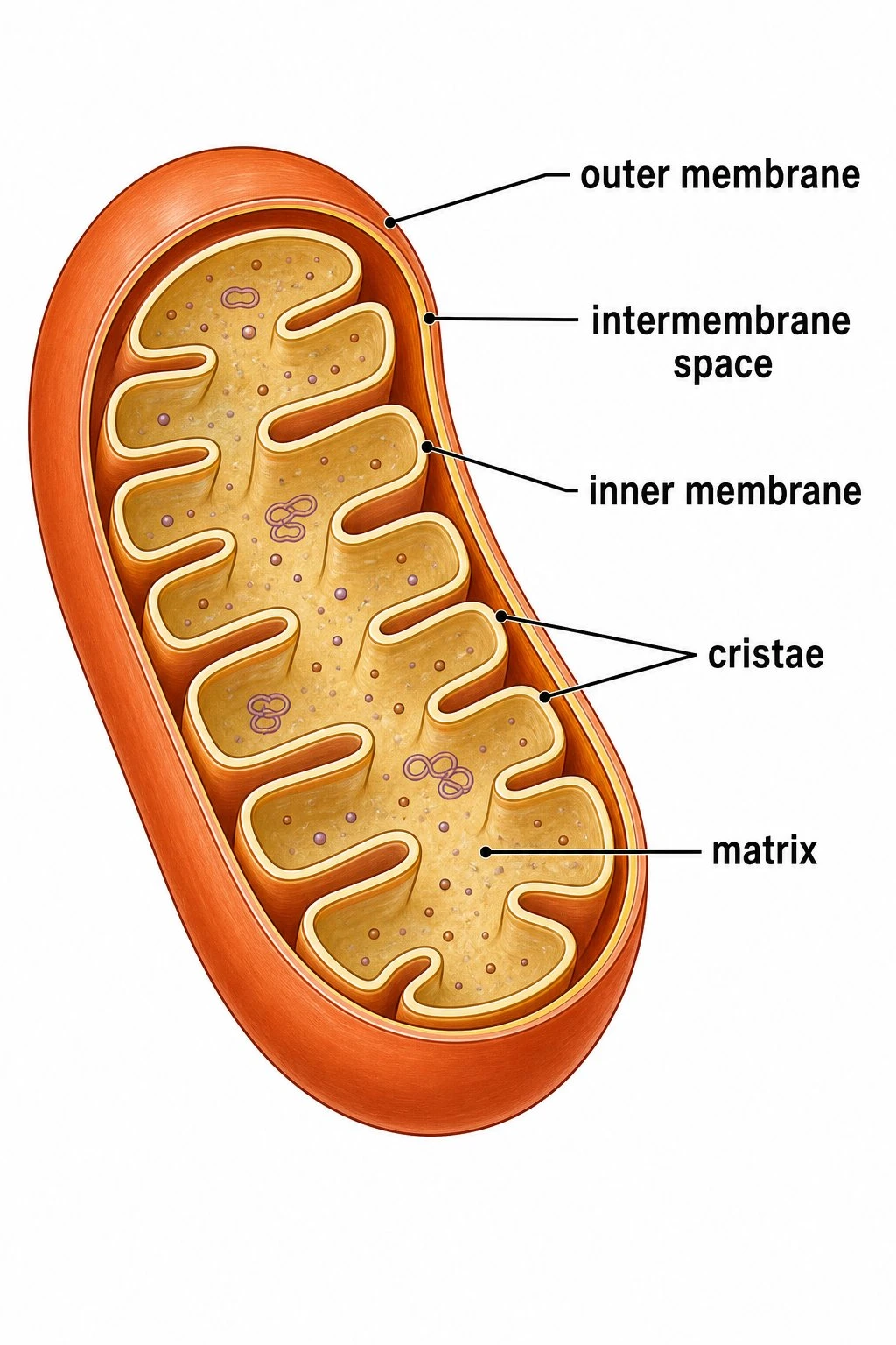 Labeled mitochondria diagram showing outer membrane, inner membrane, cristae, and matrix