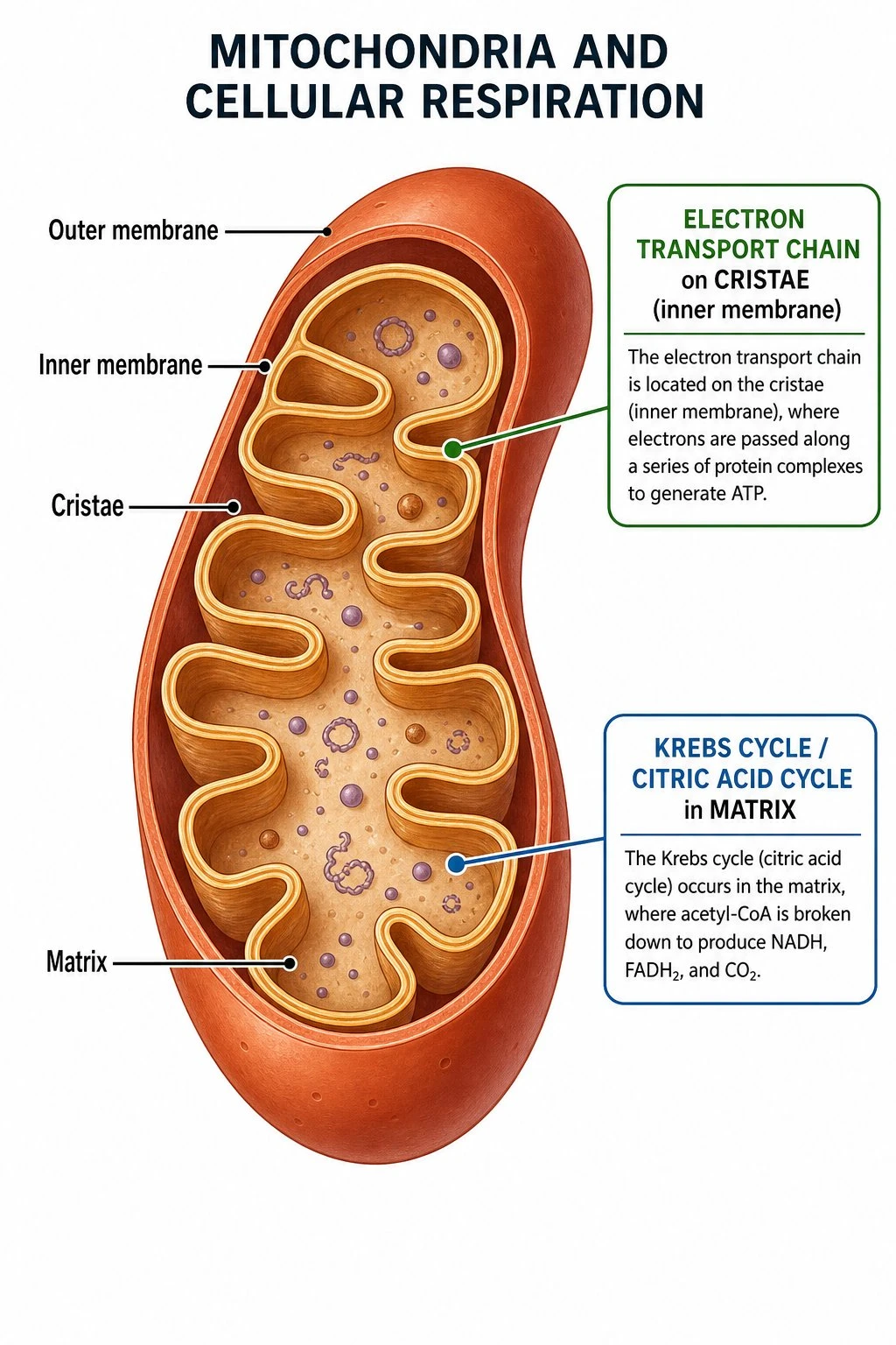 Mitochondria diagram marking Krebs cycle in matrix and electron transport on cristae