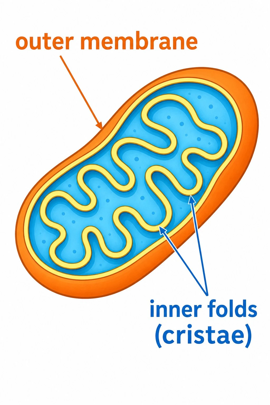 Simple bean-shaped mitochondria diagram with large labels for outer membrane and inner folds