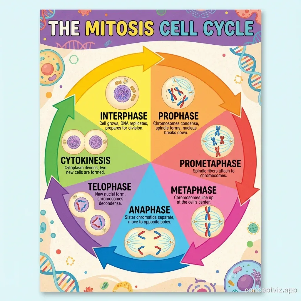 Colorful mitosis poster showing chromosome movement during cell division for classroom display. Vibrant colors with each phase distinctly colored. Includes interphase, prophase, prometaphase, metaphase, anaphase, telophase, and cytokinesis.
