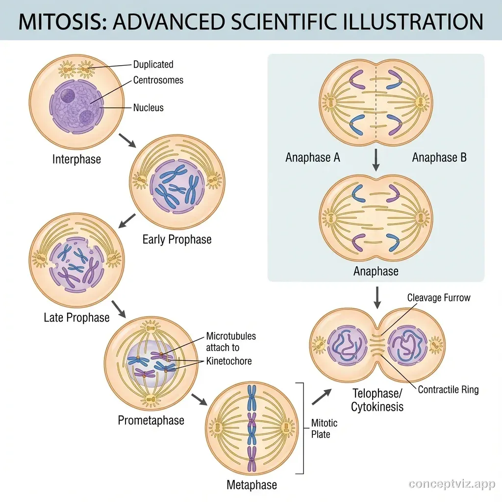 Detailed mitosis stages diagram showing chromosomes, spindle apparatus, and cellular structures during division. Includes centrosomes, kinetochore microtubules, polar microtubules, and contractile ring. Suitable for AP Biology and college courses.