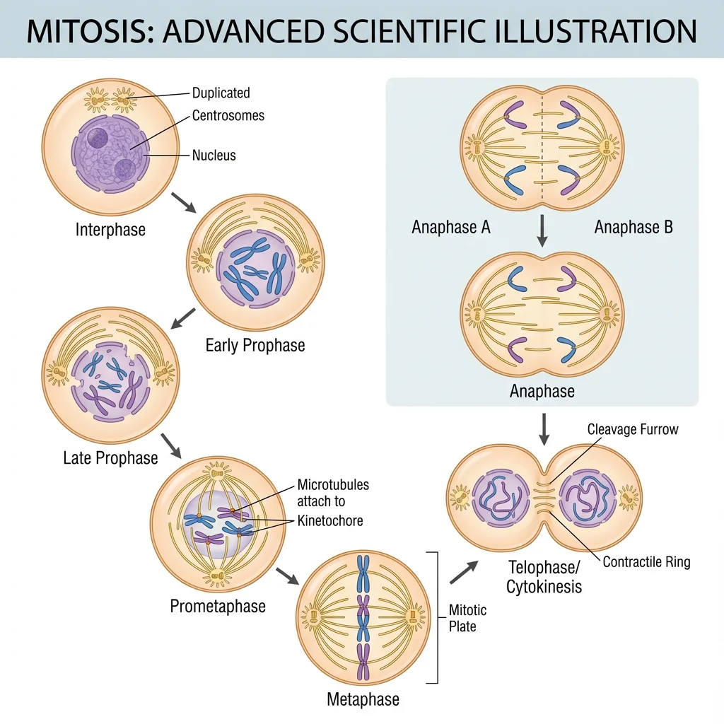Detailed mitosis stages diagram showing chromosomes, spindle apparatus, and cellular structures during division. Includes centrosomes, kinetochore microtubules, polar microtubules, and contractile ring. Suitable for AP Biology and college courses.