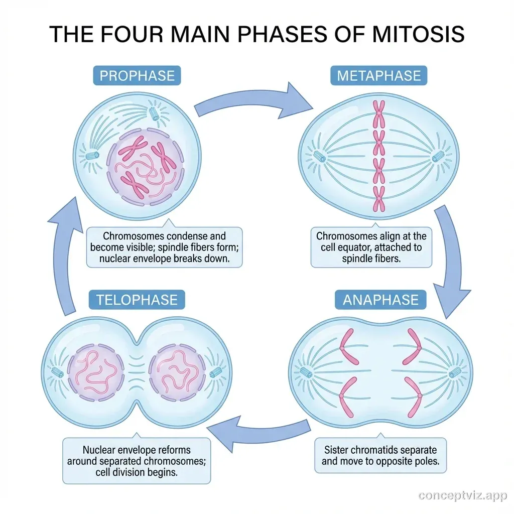 Complete mitosis diagram showing all phases with labels - prophase, metaphase, anaphase, and telophase with chromosomes and spindle fibers clearly marked. Each phase is arranged in a circular cycle with arrows showing progression. Educational illustration suitable for high school and college biology.
