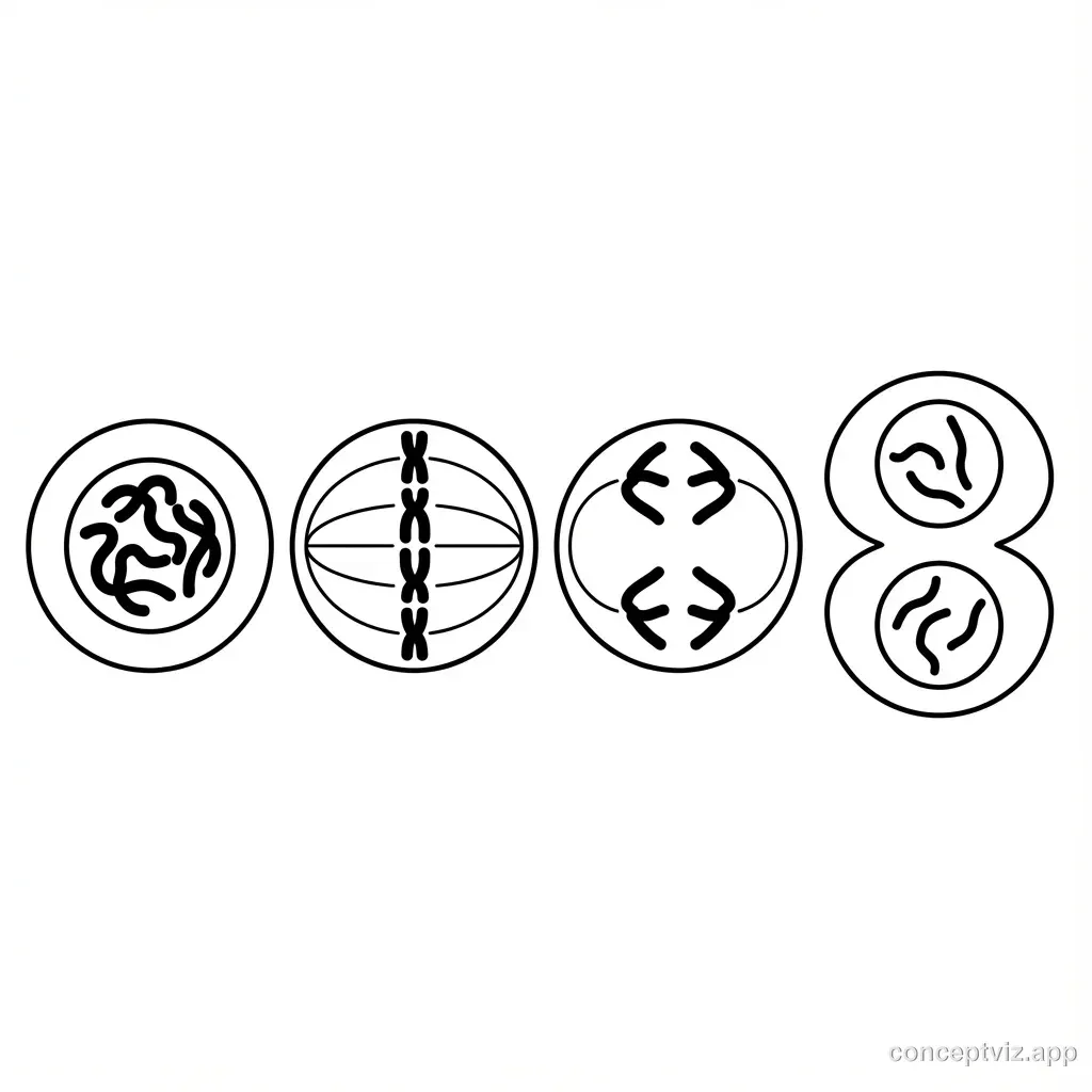 Black and white mitosis diagram without labels for student quizzes. Four cells showing cell division stages with blank lines for students to fill in phase names. Clean line art style suitable for printing worksheets.