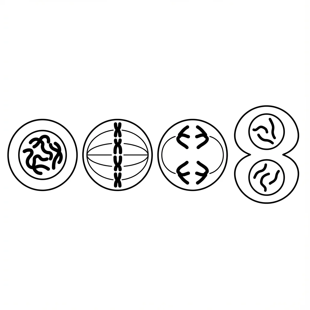 Black and white mitosis diagram without labels for student quizzes. Four cells showing cell division stages with blank lines for students to fill in phase names. Clean line art style suitable for printing worksheets.