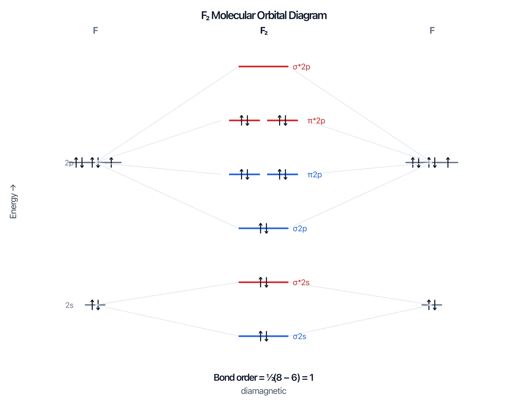 F2 molecular orbital diagram with bond order 1, diamagnetic