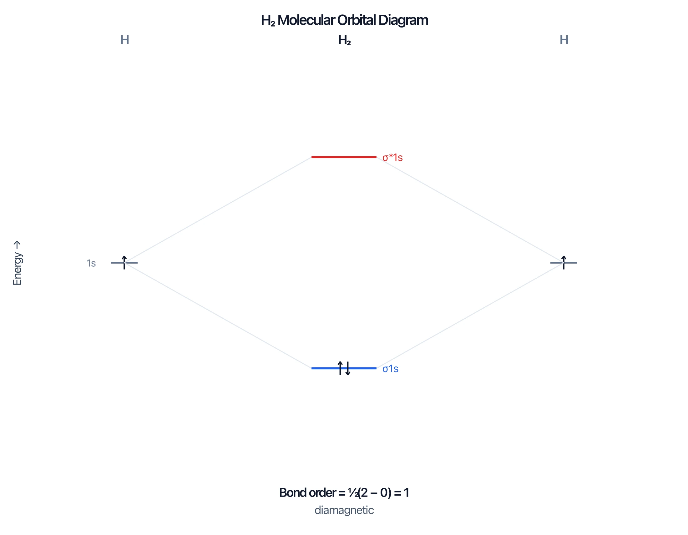 H2 molecular orbital diagram with a filled sigma 1s bonding orbital, bond order 1