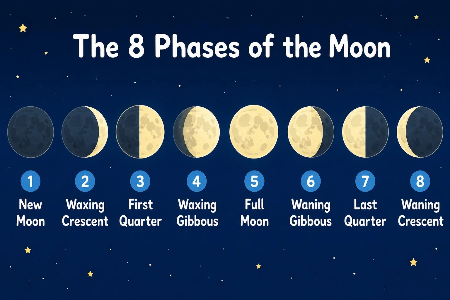 A simplified moon phases diagram for younger students showing the 8 phases in a row with large, easy-to-read labels