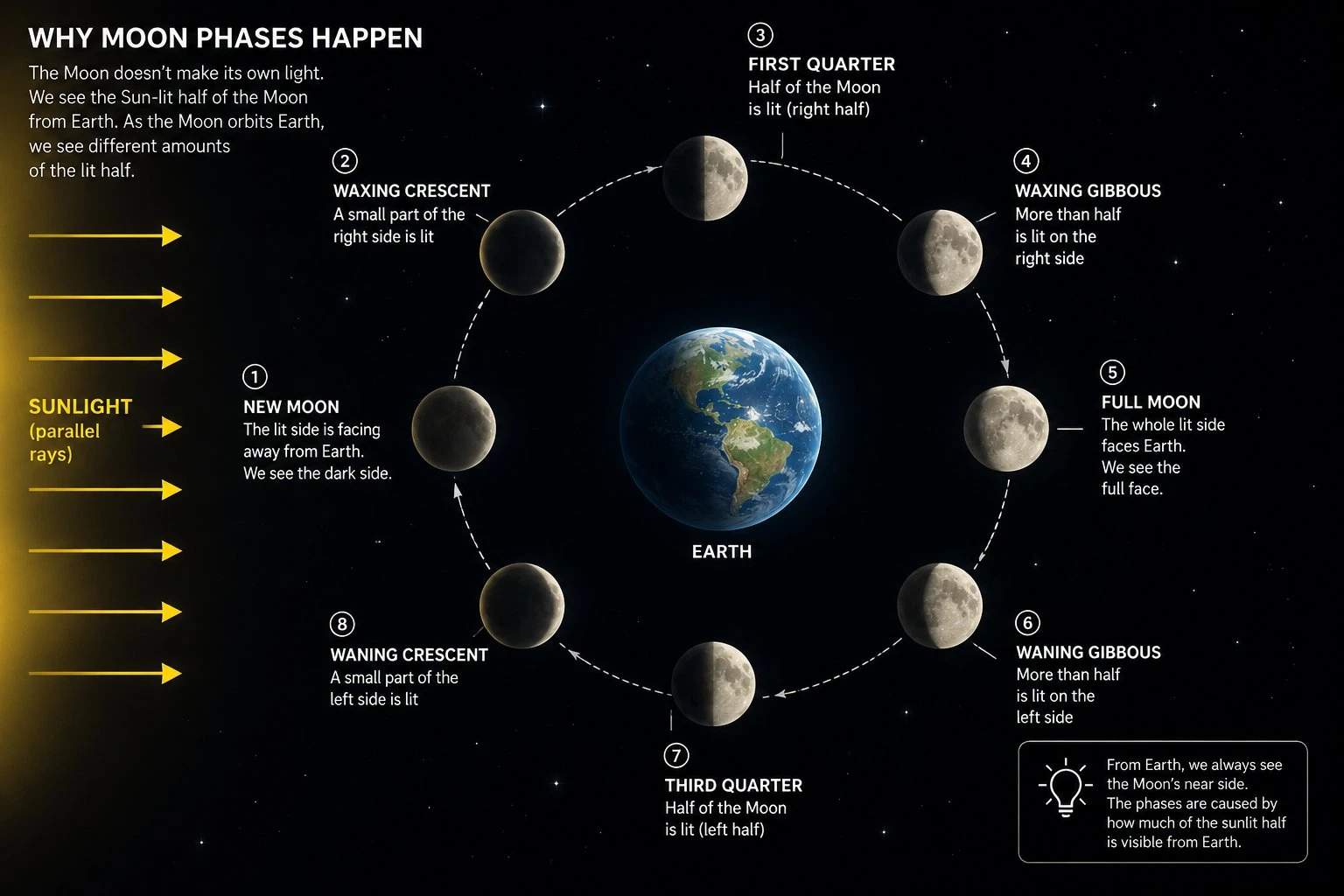 Sun-Earth-Moon geometry diagram showing sunlight from one side, the Moon in eight orbital positions around the Earth, and the phase seen from Earth at each position labeled