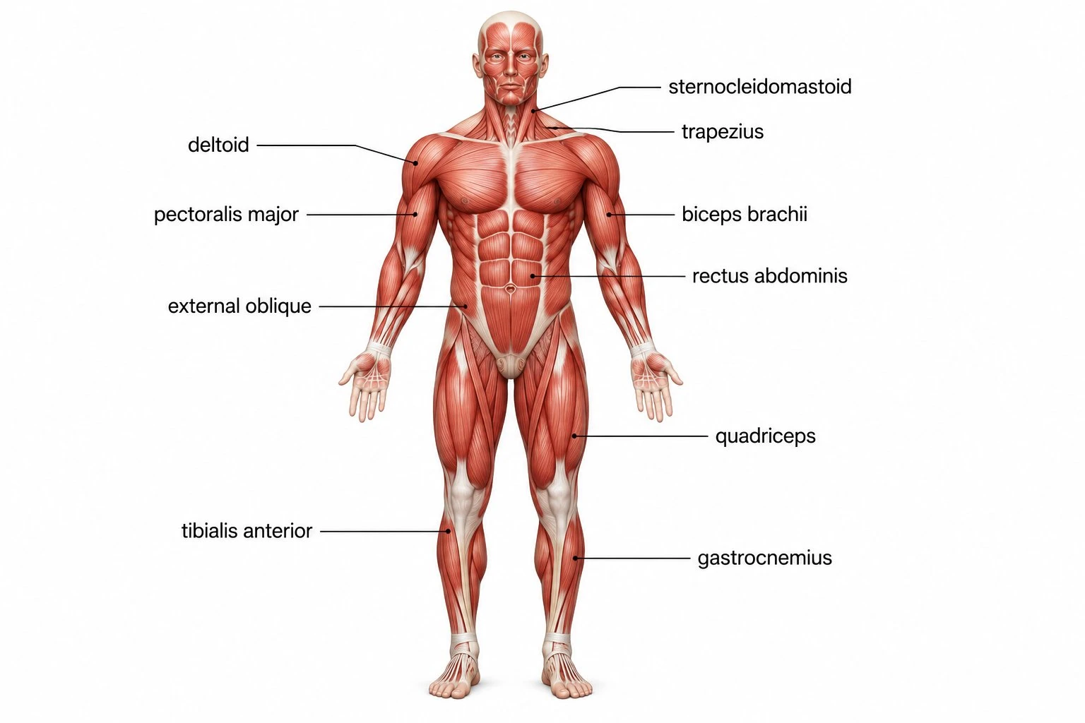 Labeled full-body muscular system diagram in anterior view showing major muscles including deltoid, pectoralis major, biceps brachii, rectus abdominis, and quadriceps