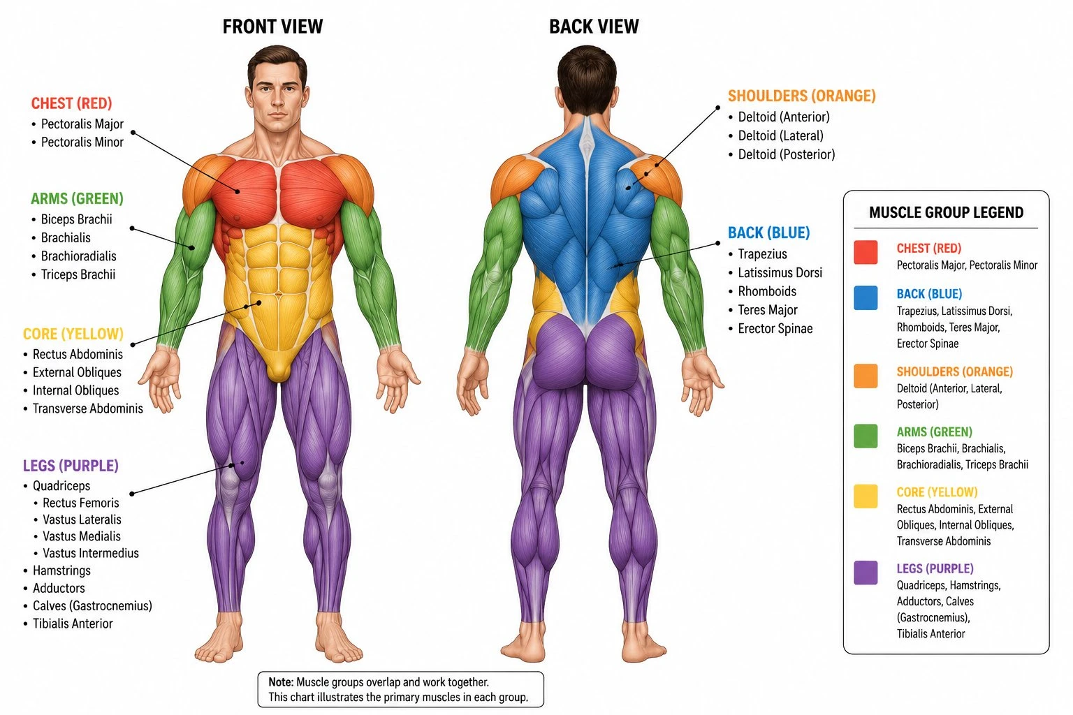 Color-coded diagram of major human muscle groups including chest, back, shoulders, arms, core, and legs on a full-body figure