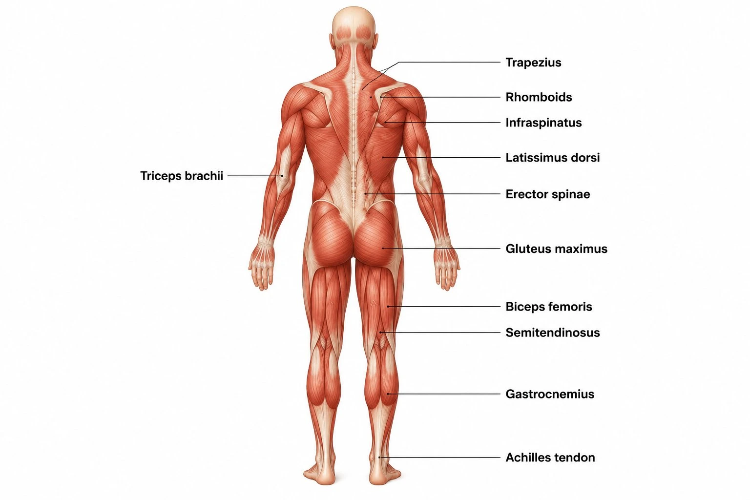 Labeled posterior view of the human muscular system showing trapezius, latissimus dorsi, triceps brachii, gluteus maximus, hamstrings, and gastrocnemius