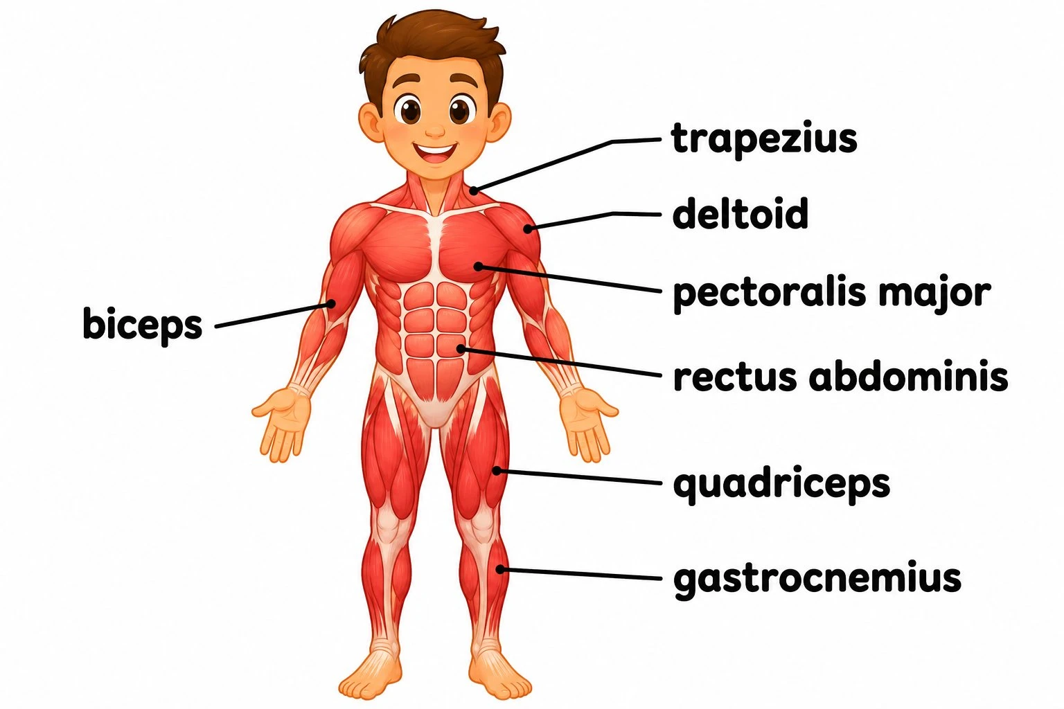 Simple and colorful labeled muscular system diagram for children showing the major muscle groups with large easy-to-read labels