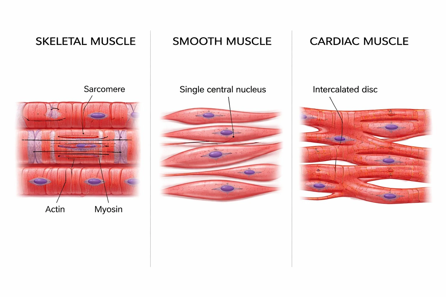 Comparison diagram of the three muscle types — skeletal, smooth, and cardiac — showing microscopic structure and key differences