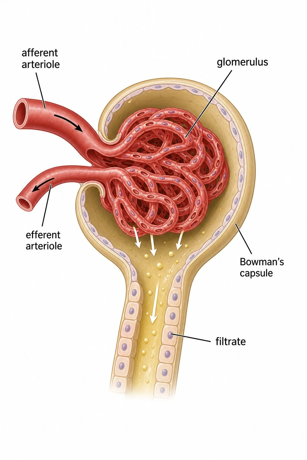 Close-up labeled diagram of the glomerulus and Bowman's capsule with afferent and efferent arterioles and filtrate path