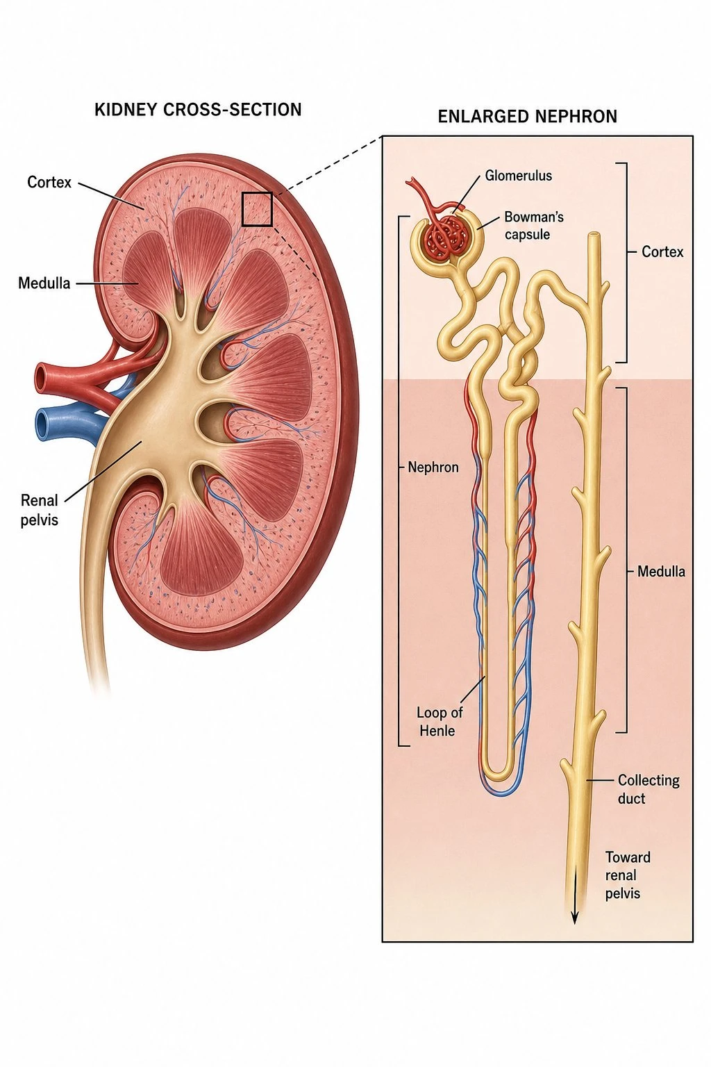 Kidney cross-section showing cortex and medulla with one enlarged nephron and collecting duct in context