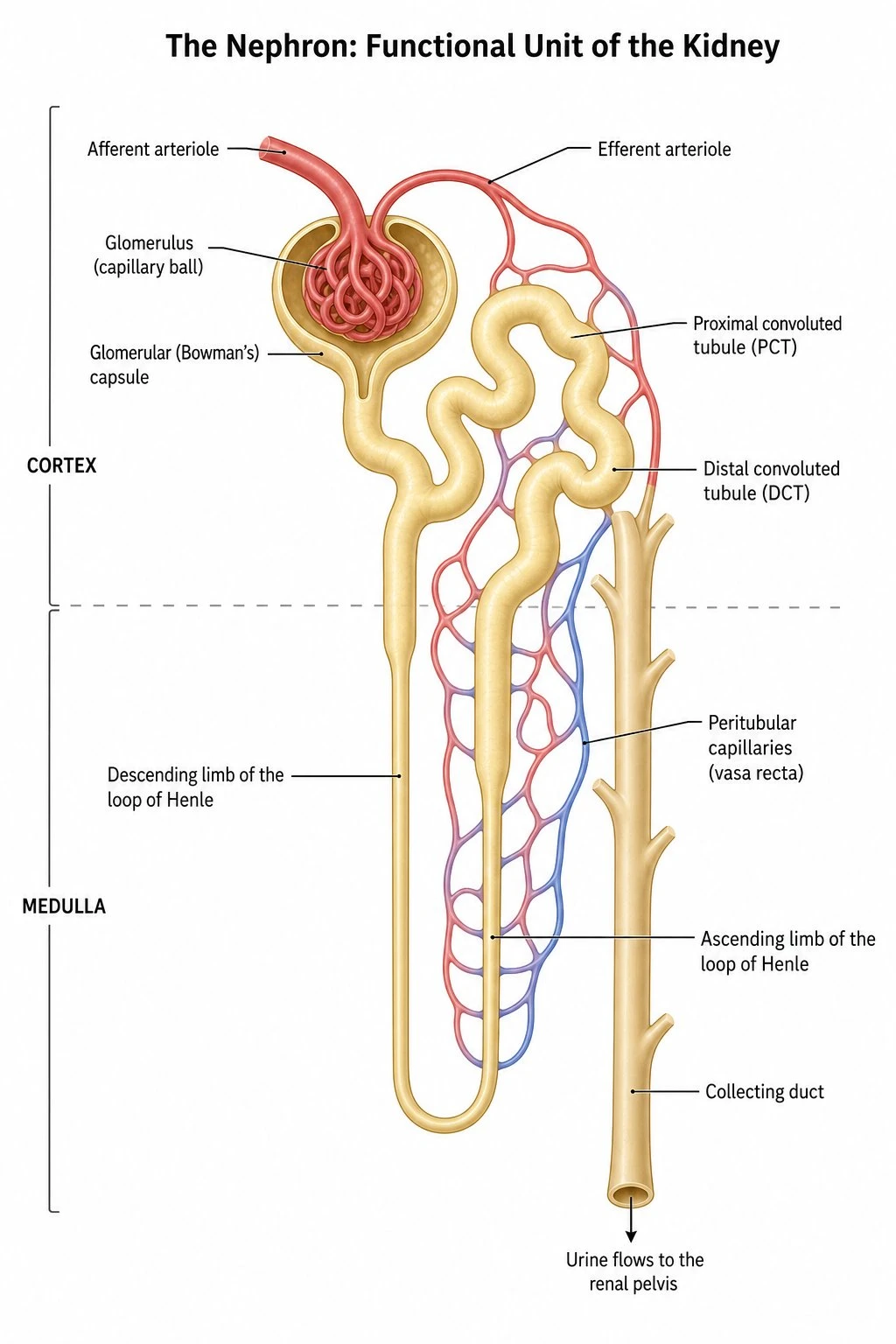 Labeled nephron diagram showing glomerulus, Bowman's capsule, proximal convoluted tubule, loop of Henle, distal convoluted tubule, collecting duct, and arterioles