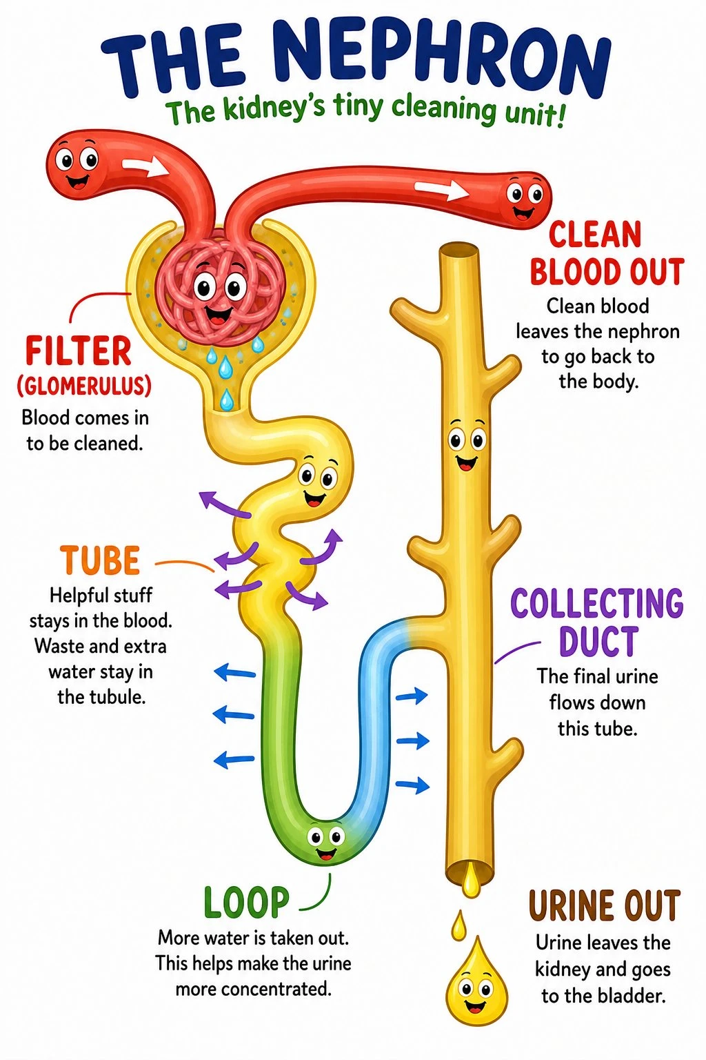 Simple cartoon nephron diagram for elementary students with large labels for filter, tube, loop, and collecting duct