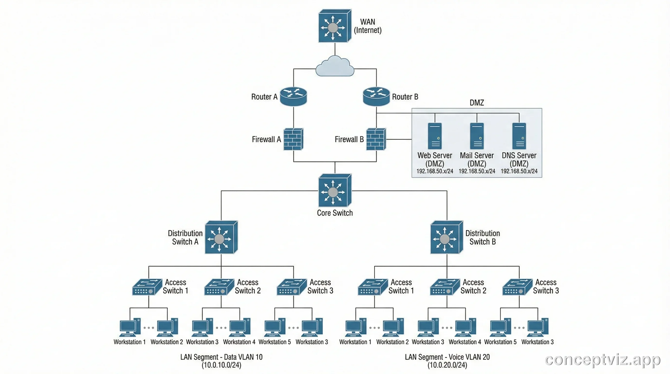Enterprise network topology diagram showing LAN and WAN segments with core switches, routers, firewalls, and servers.